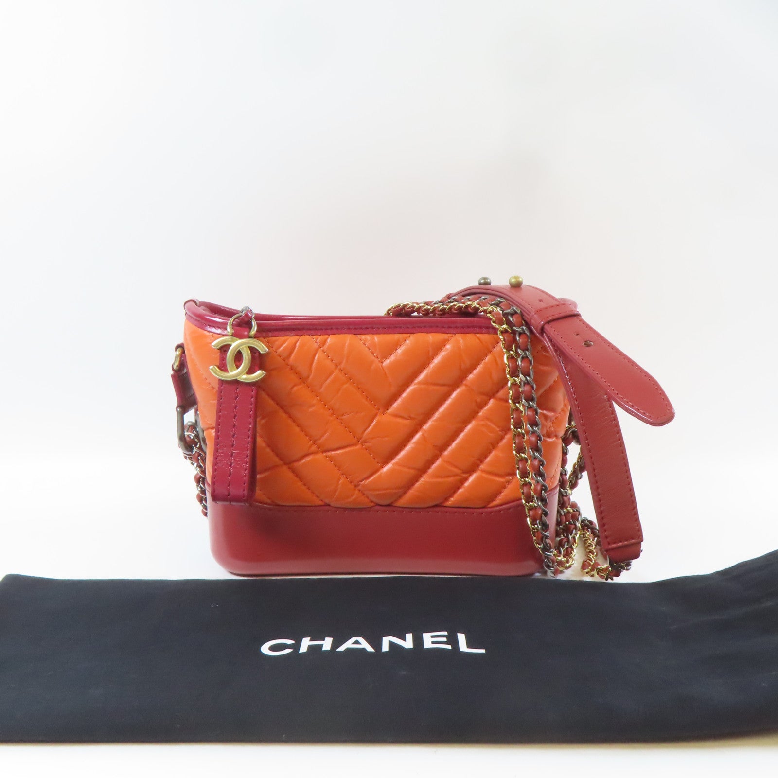 CHANEL 【激減優惠】斜紋牛皮皮革Gabrielle金扣/銀扣鏈帶肩背袋橙色
