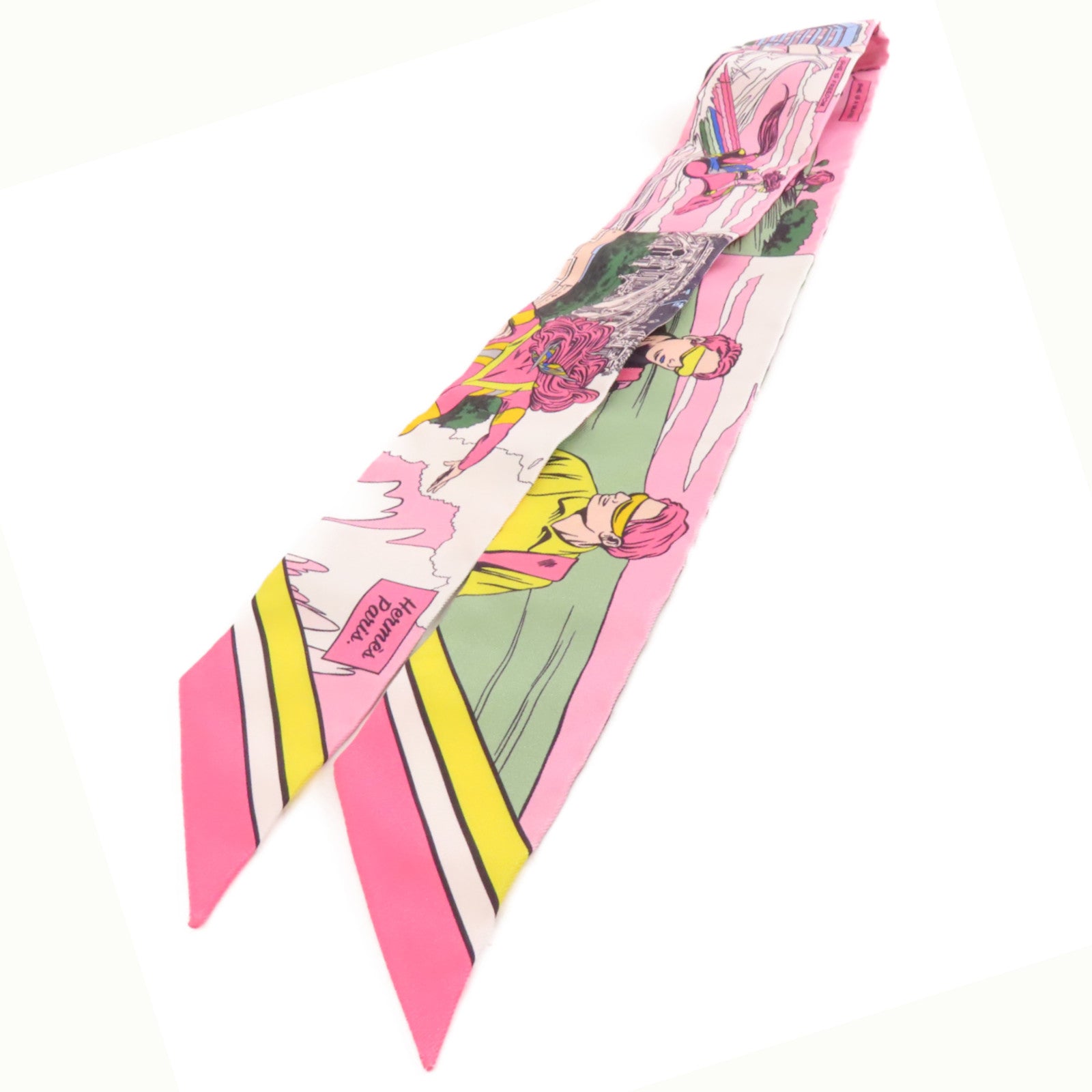 HERMES 絲質Twilly絲巾粉紅色/綠色/彩色
