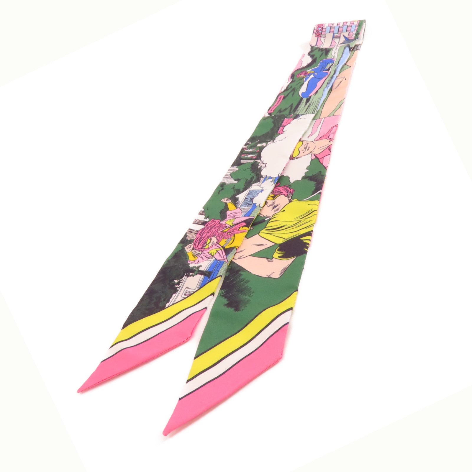 HERMES 絲質Twilly絲巾粉紅色/綠色/彩色