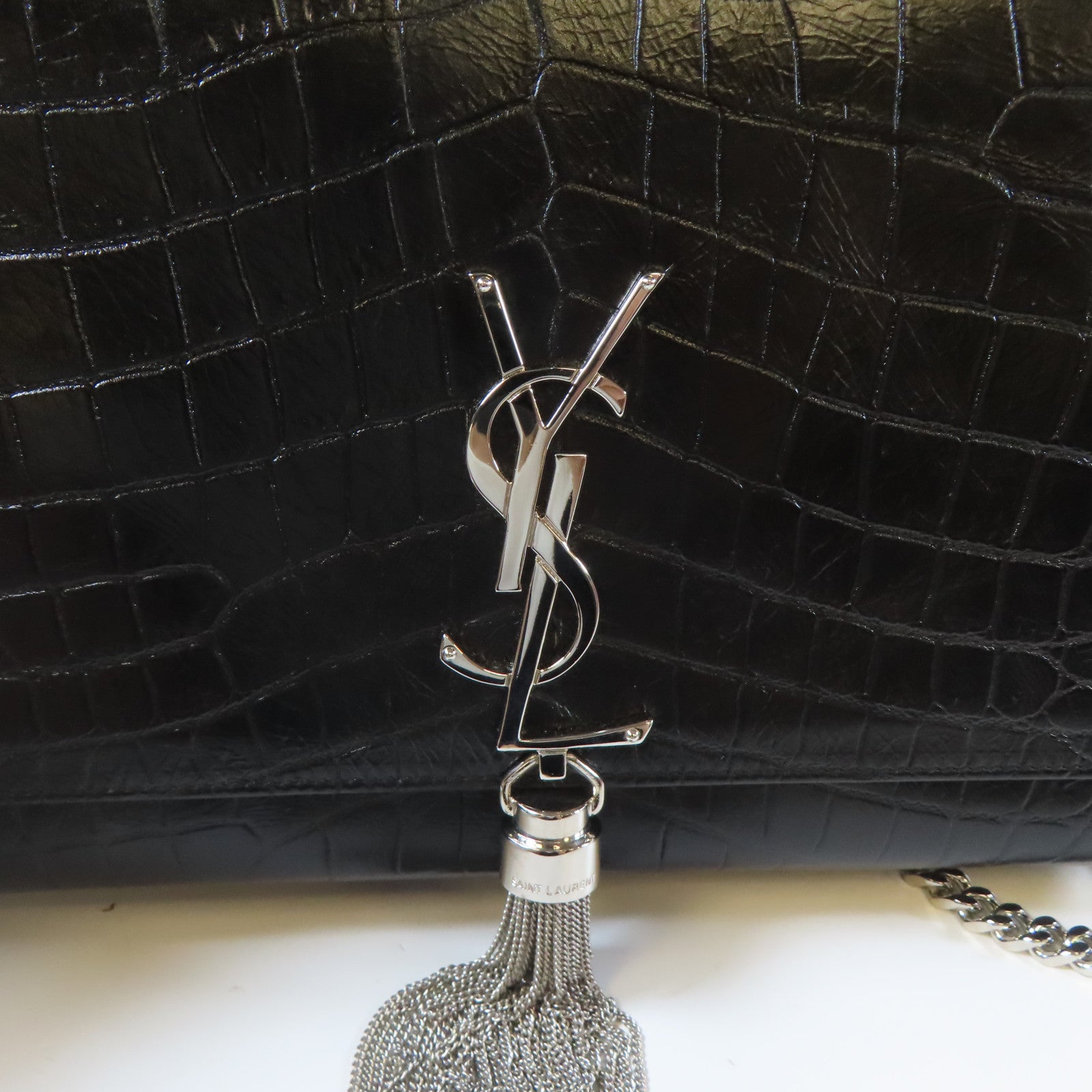 SAINT LAURENT 皮革Chain Shoulder銀扣鏈帶肩背袋黑色