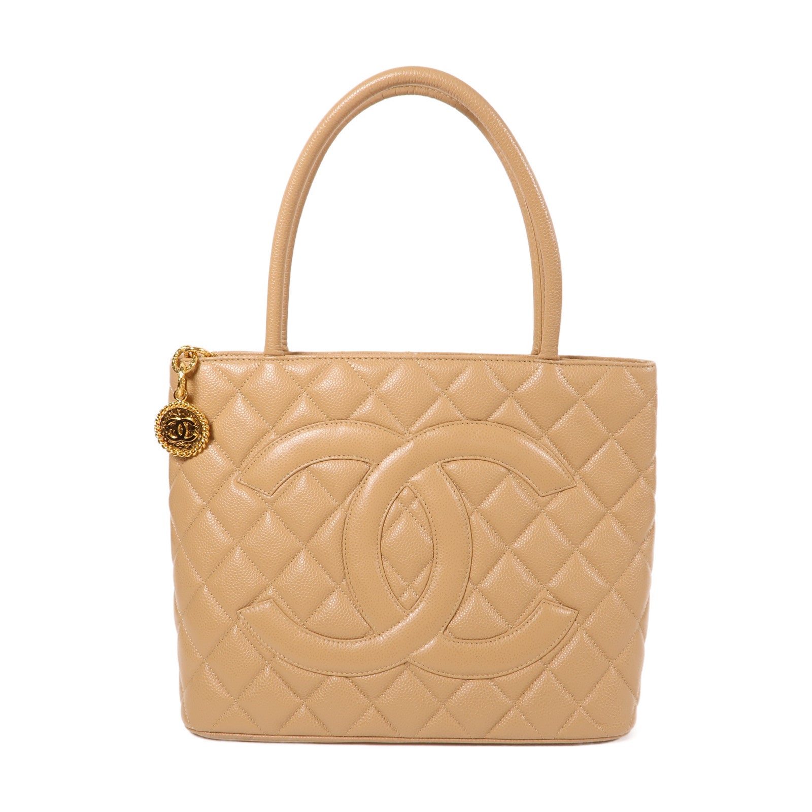 CHANEL 菱格Caviar皮革Shoulder Bag金扣肩背袋米色