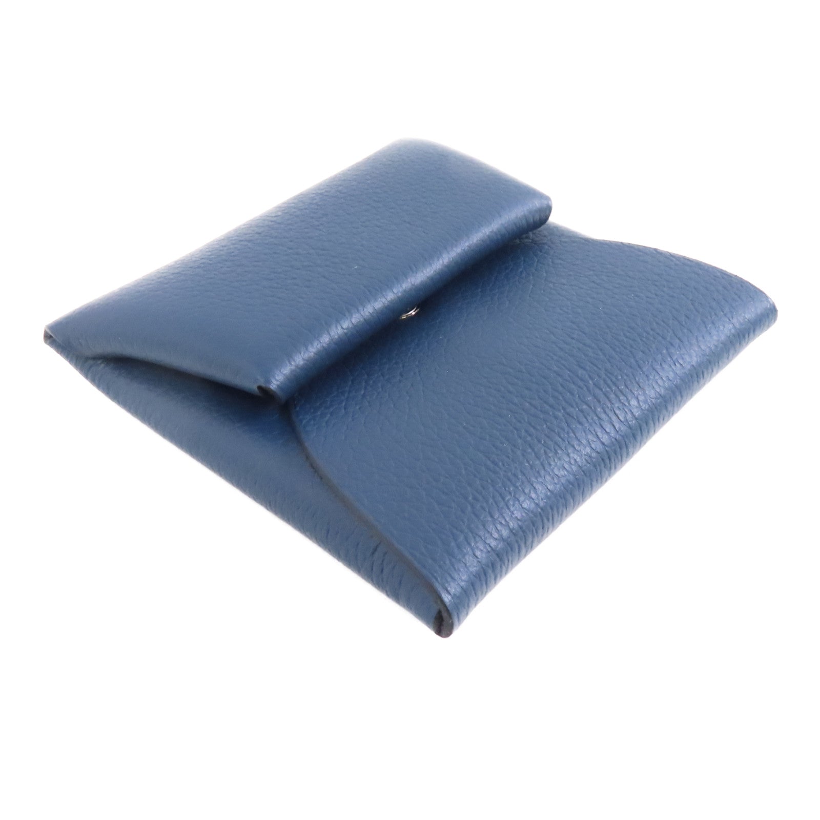 HERMES Chevre皮革Bastia銀扣零錢包Bleu de Prusse深藍近黑/Bleu Zanzibar藍色