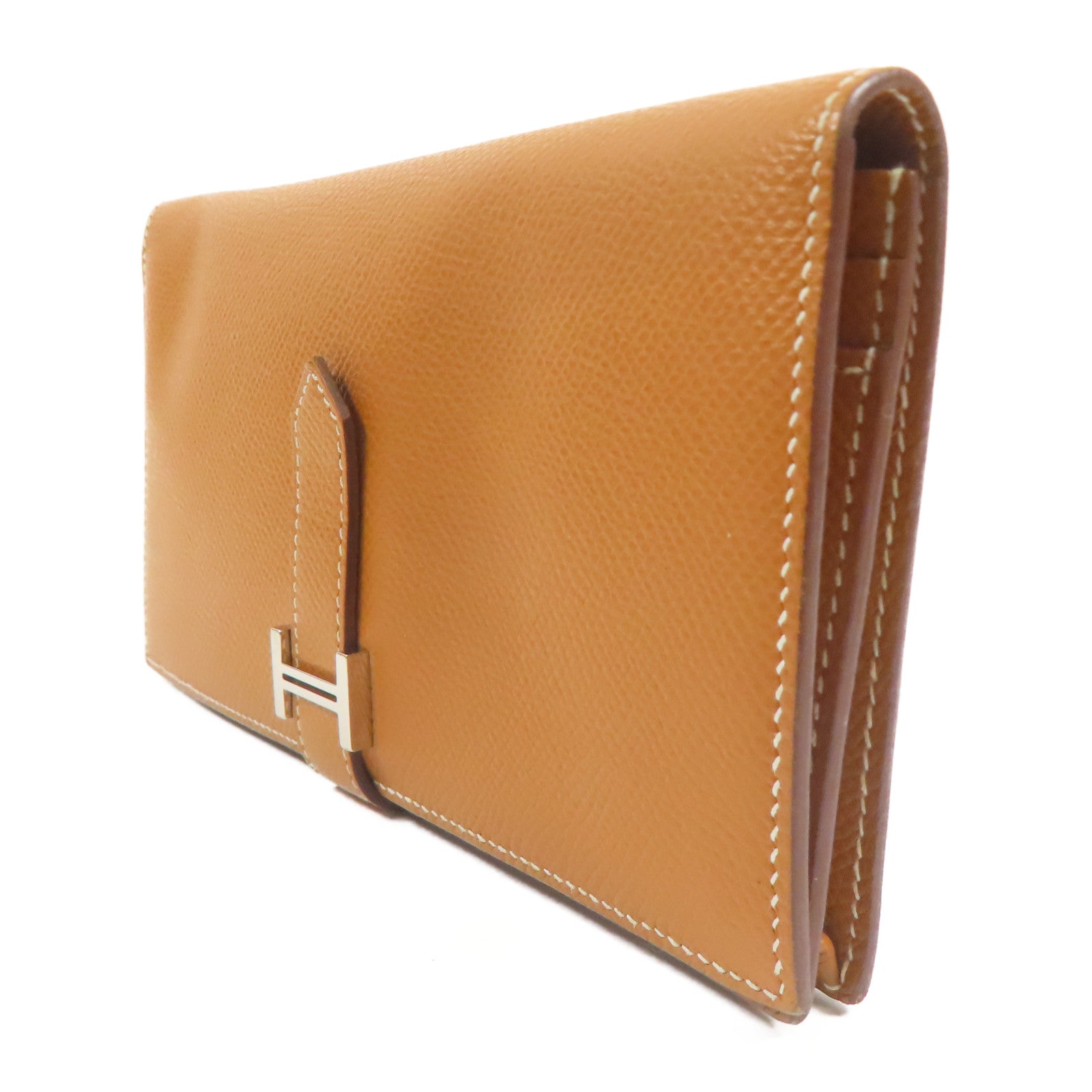 HERMES Epsom皮革Bearn W Snap銀扣長錢包Gold