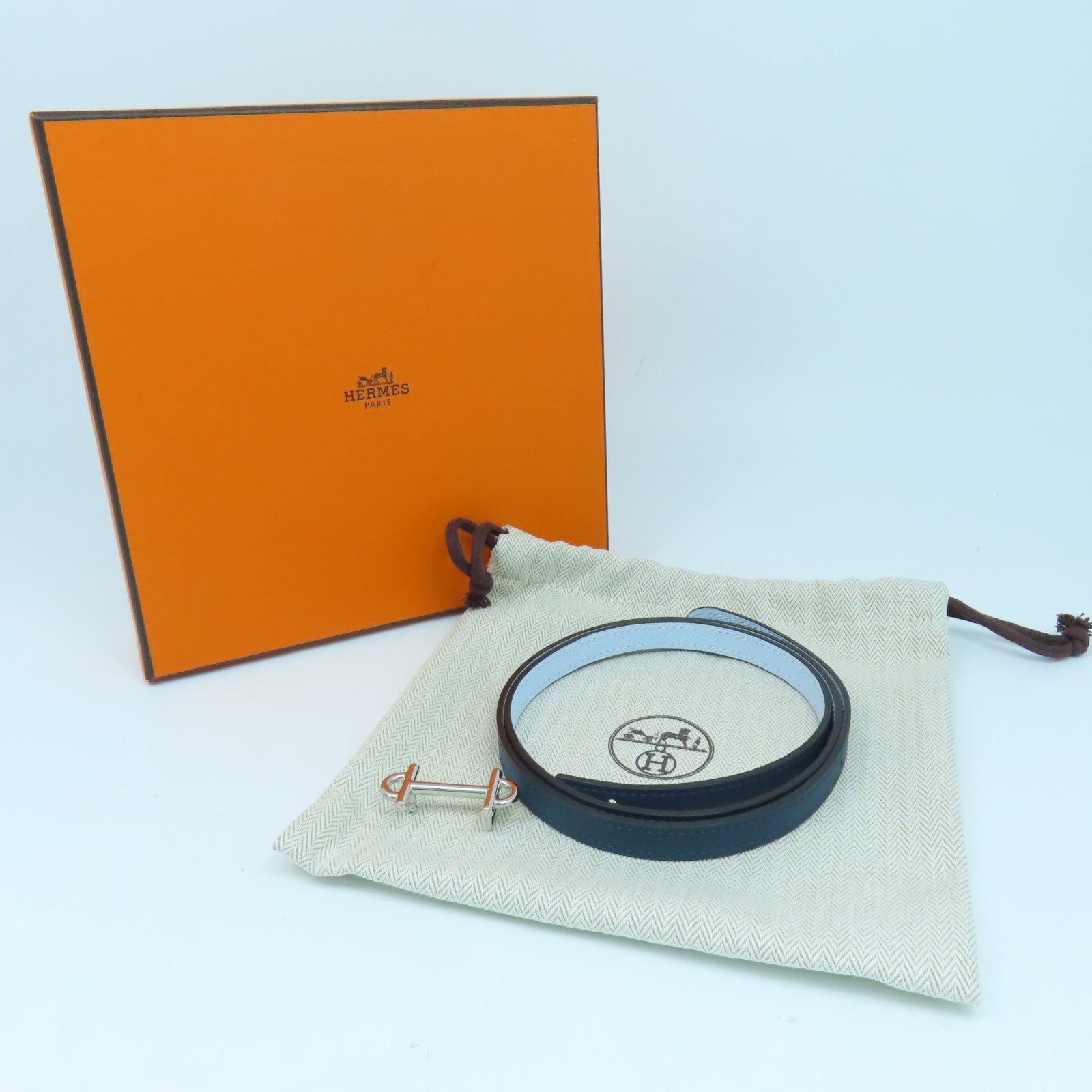 HERMES 【激減優惠】Epsom皮革/Swift皮革Gamma Belt銀扣皮帶霧霾藍色