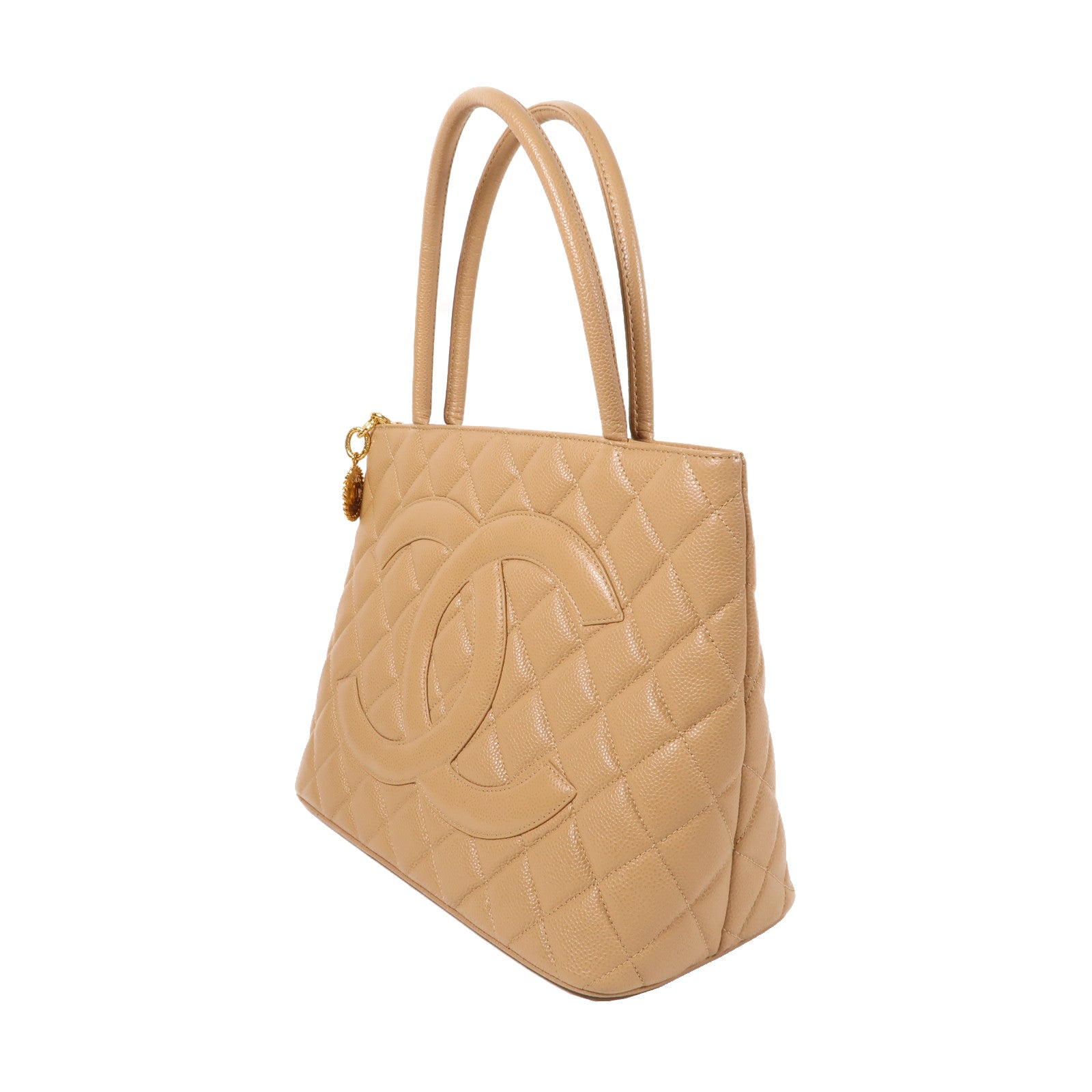 CHANEL 菱格Caviar皮革Shoulder Bag金扣肩背袋米色