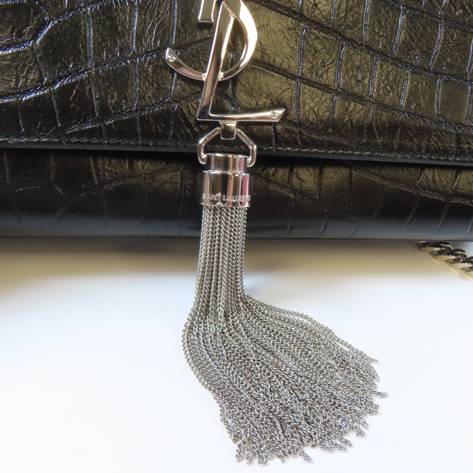 SAINT LAURENT 皮革Chain Shoulder銀扣鏈帶肩背袋黑色