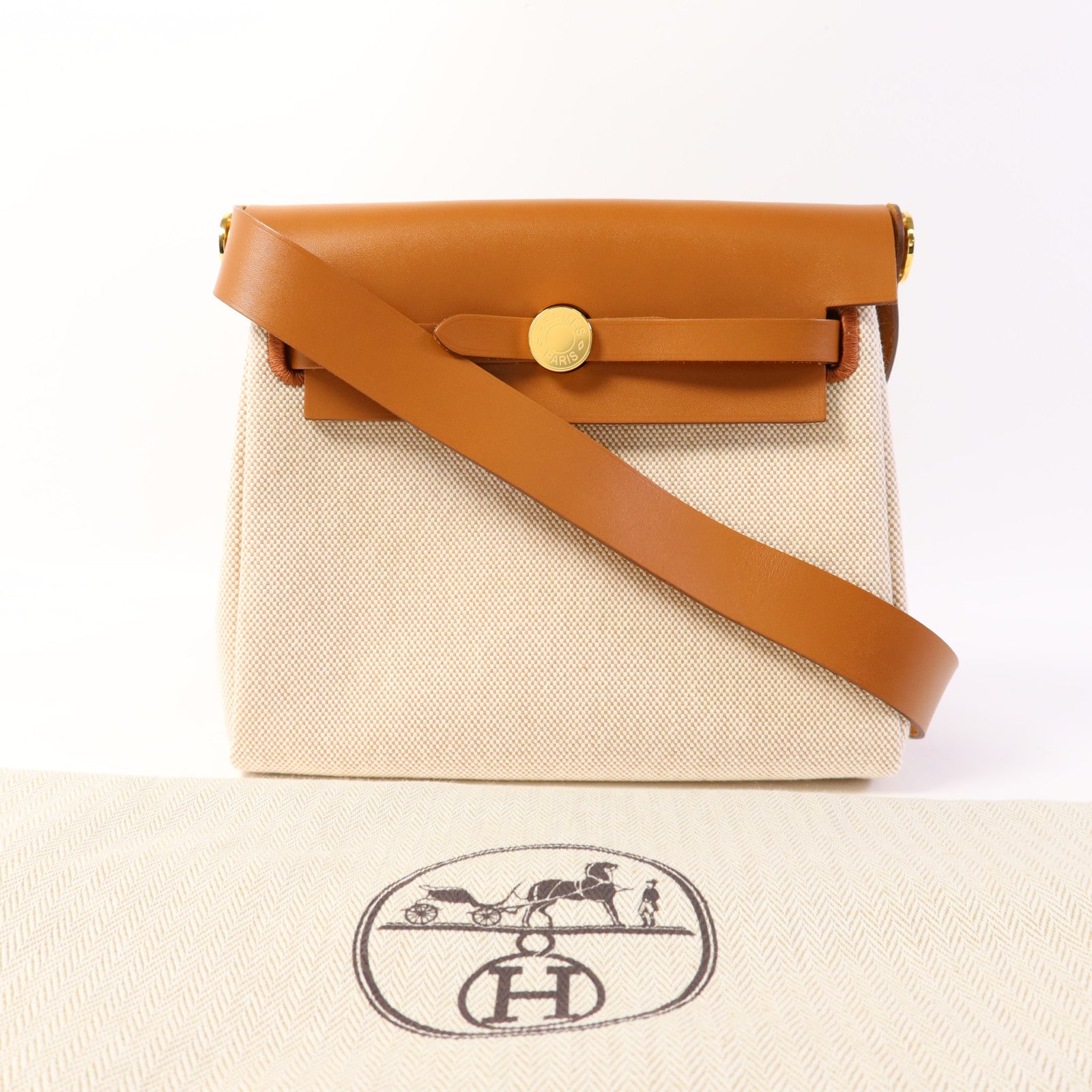 HERMES 帆布/皮革Mini Herbag金扣肩背袋Ebene