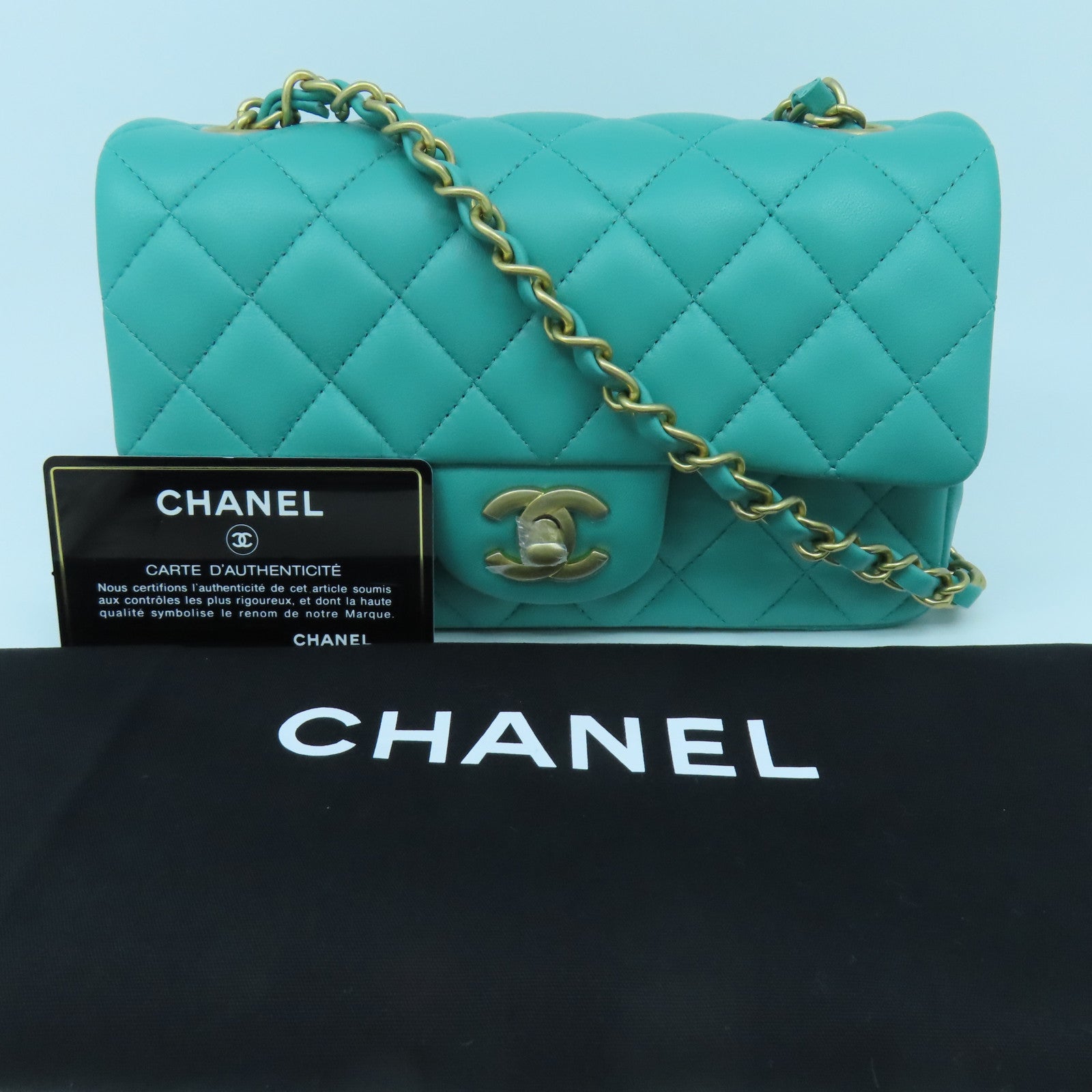 CHANEL 【激減優惠】菱格羊皮皮革Mini 20cm金扣鏈帶肩背袋綠色