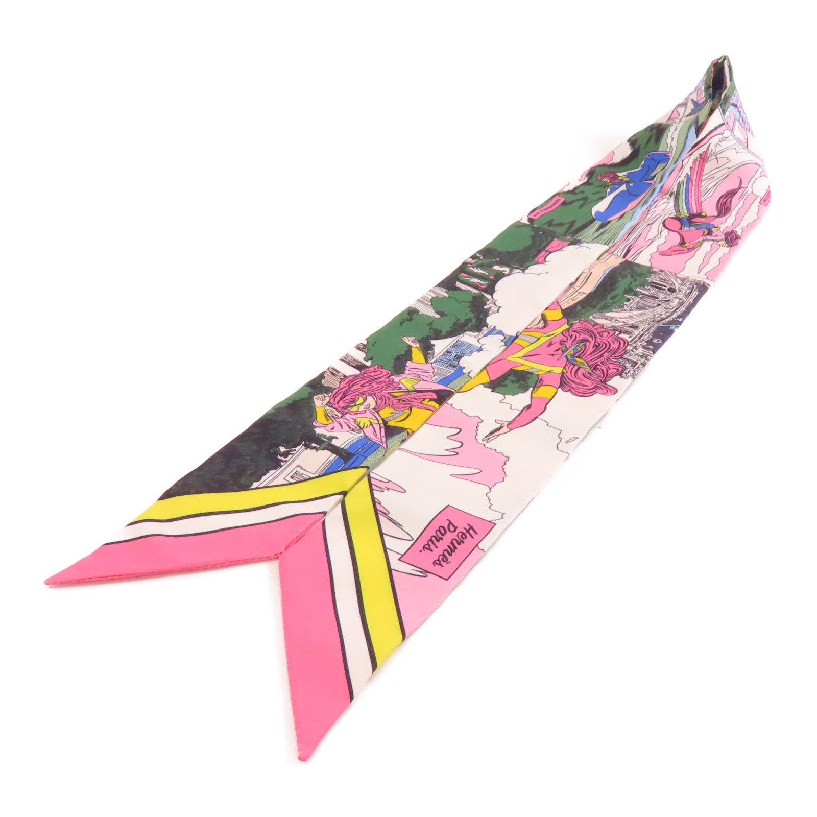 HERMES 絲質Twilly絲巾粉紅色/綠色/彩色