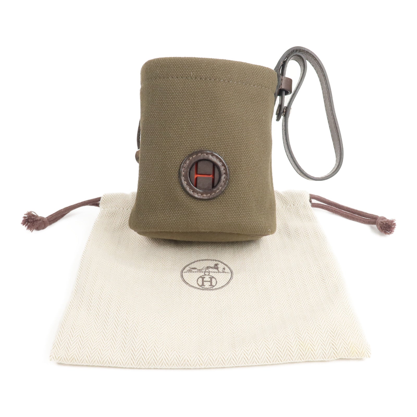 HERMES Barenia皮革/帆布On-The-Go Dog Pouch手拿包Kaki/Feu