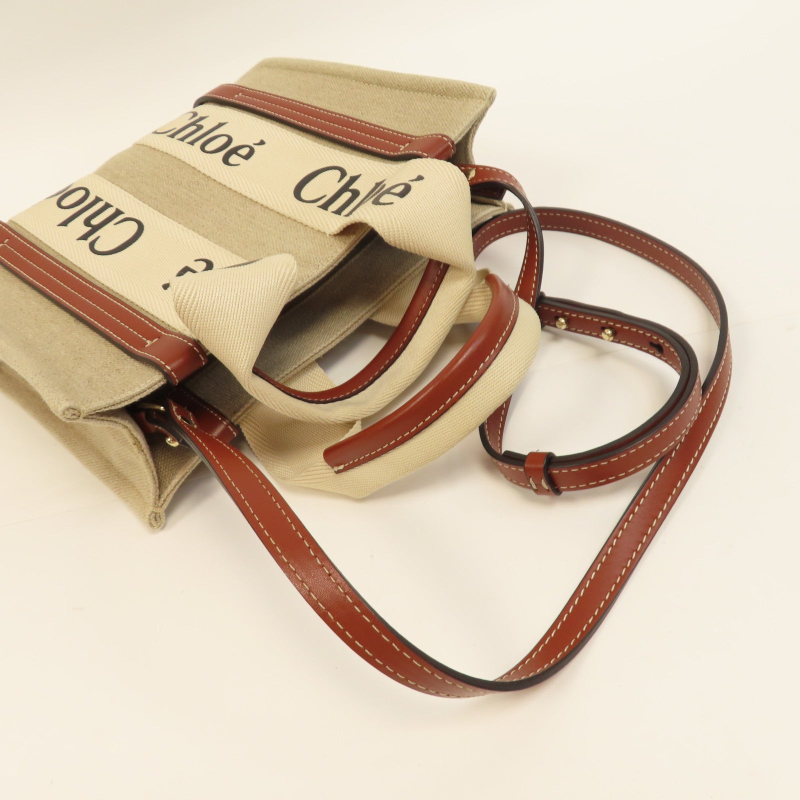 Chloe 帆布Small Woody Tote bag金扣手挽肩背兩用袋米色/啡色
