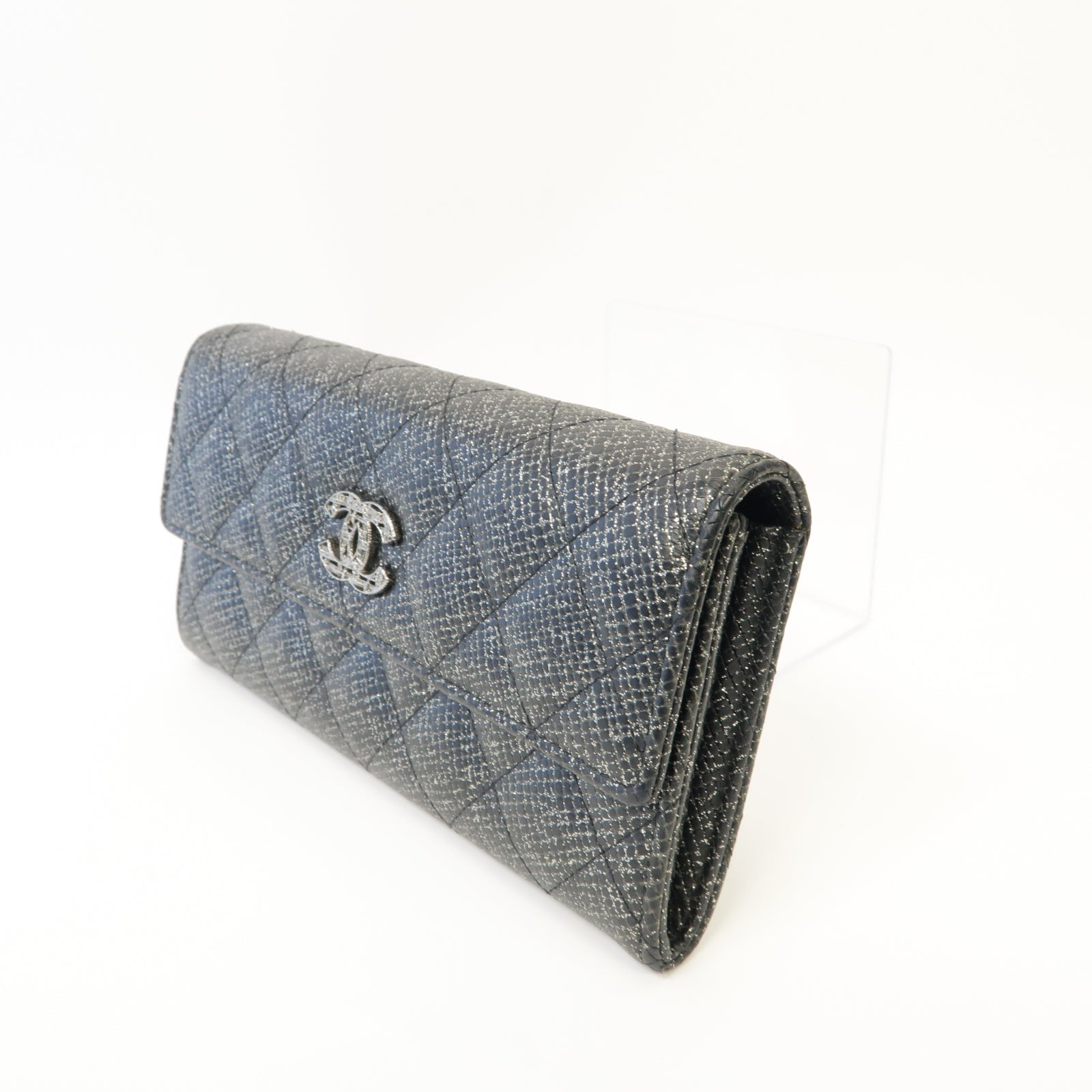 CHANEL 【激減優惠】菱格帆布Long Wallet銀扣長錢包銀色