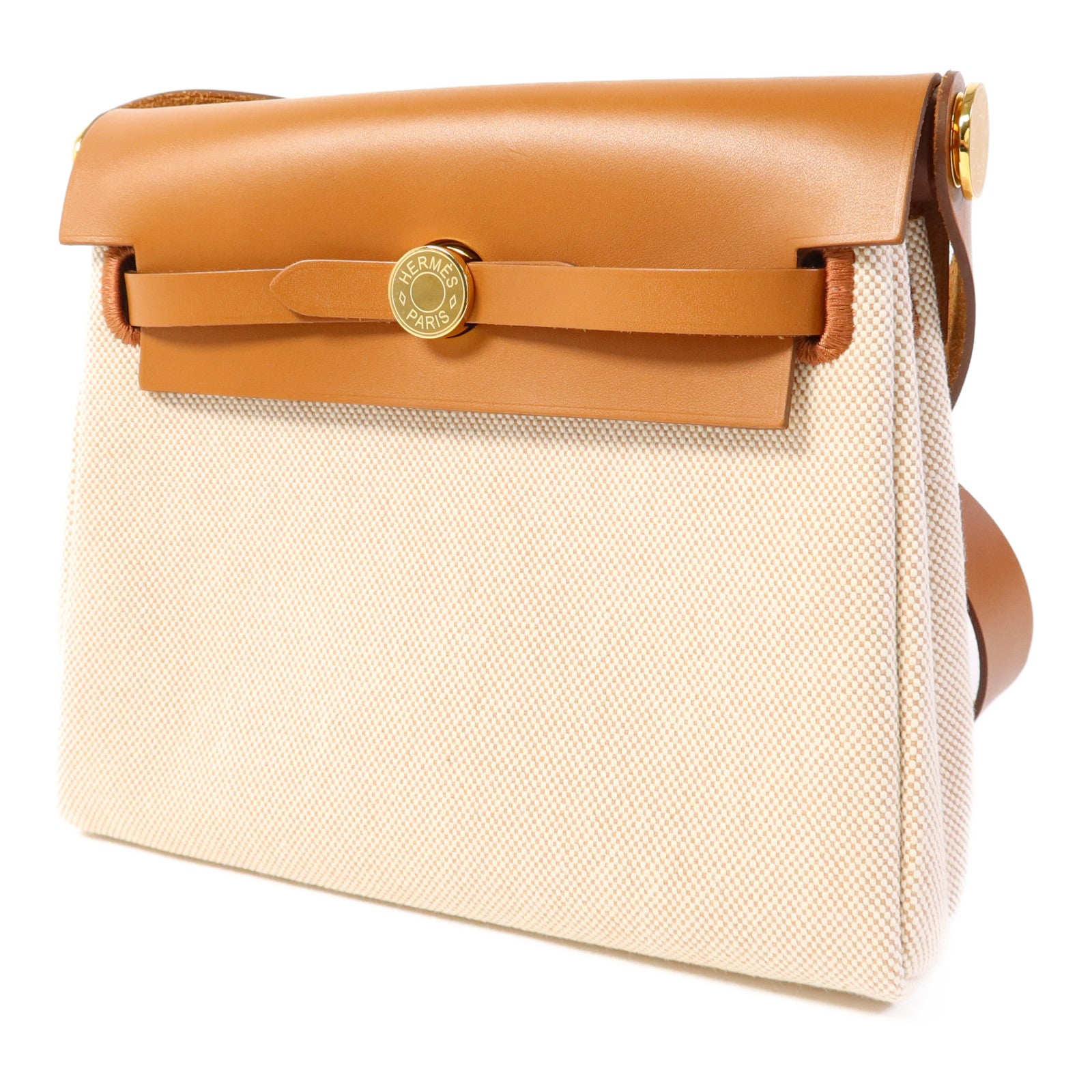 HERMES 帆布/皮革Mini Herbag金扣肩背袋Ebene