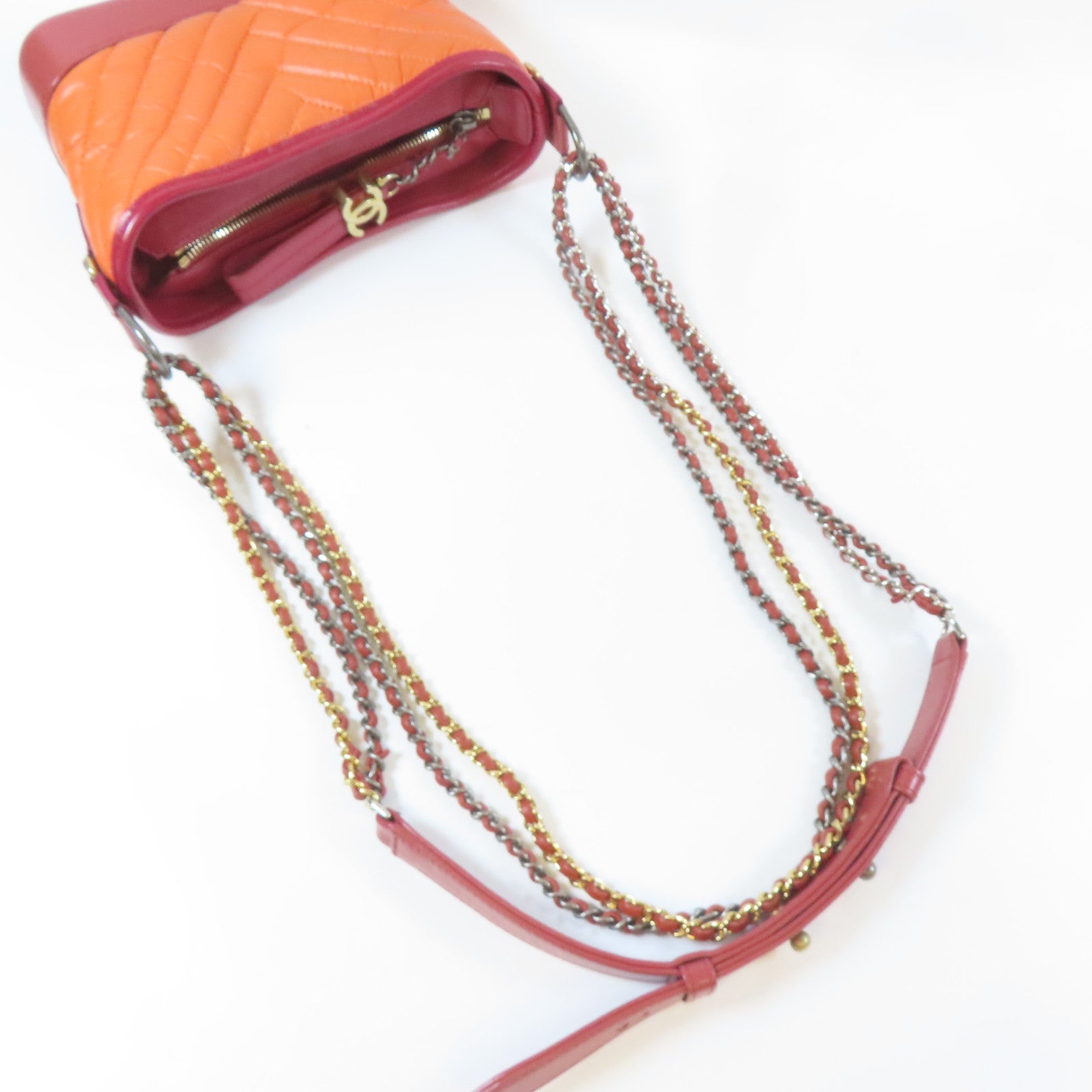 CHANEL 【激減優惠】斜紋牛皮皮革Gabrielle金扣/銀扣鏈帶肩背袋橙色
