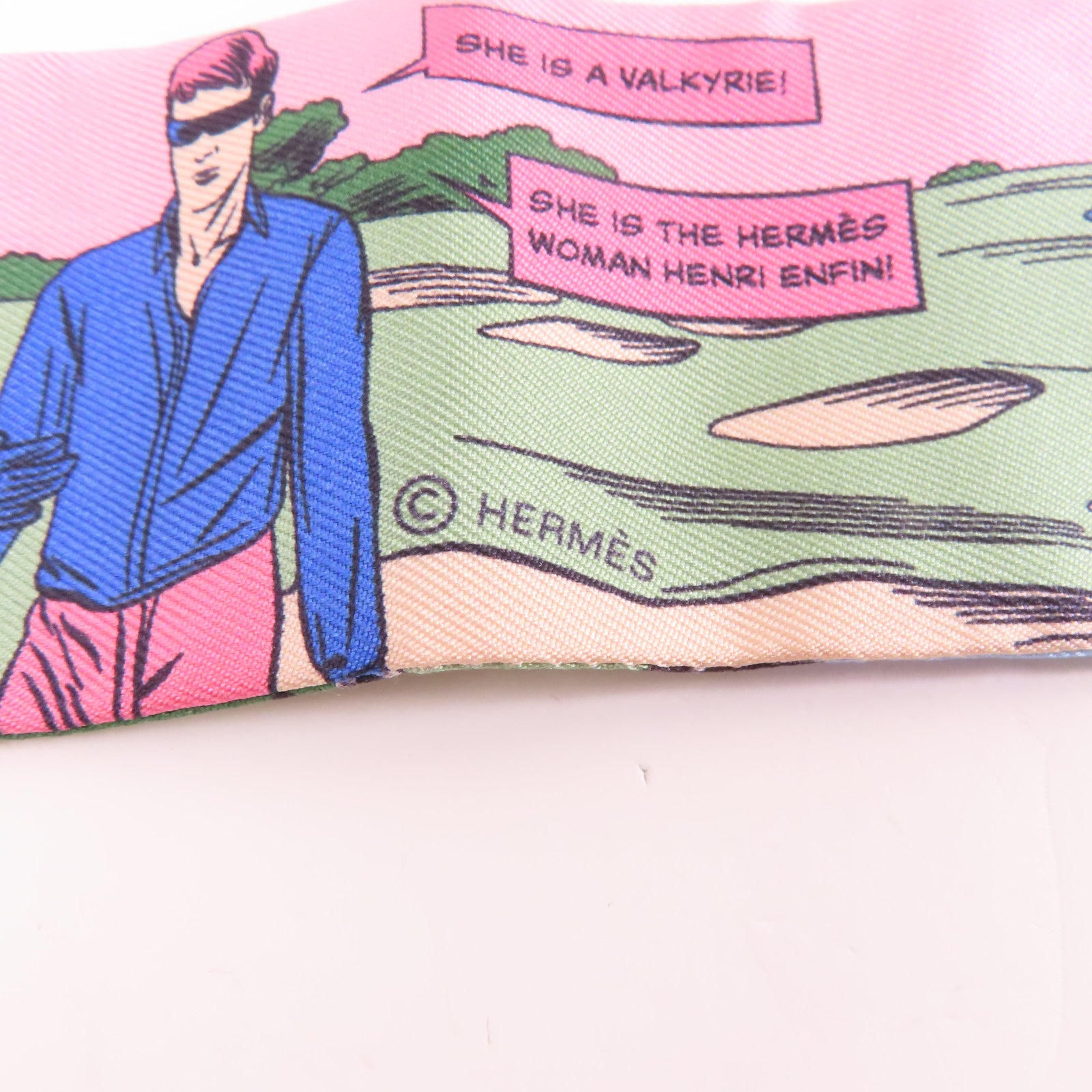 HERMES 絲質Twilly絲巾粉紅色/綠色/彩色