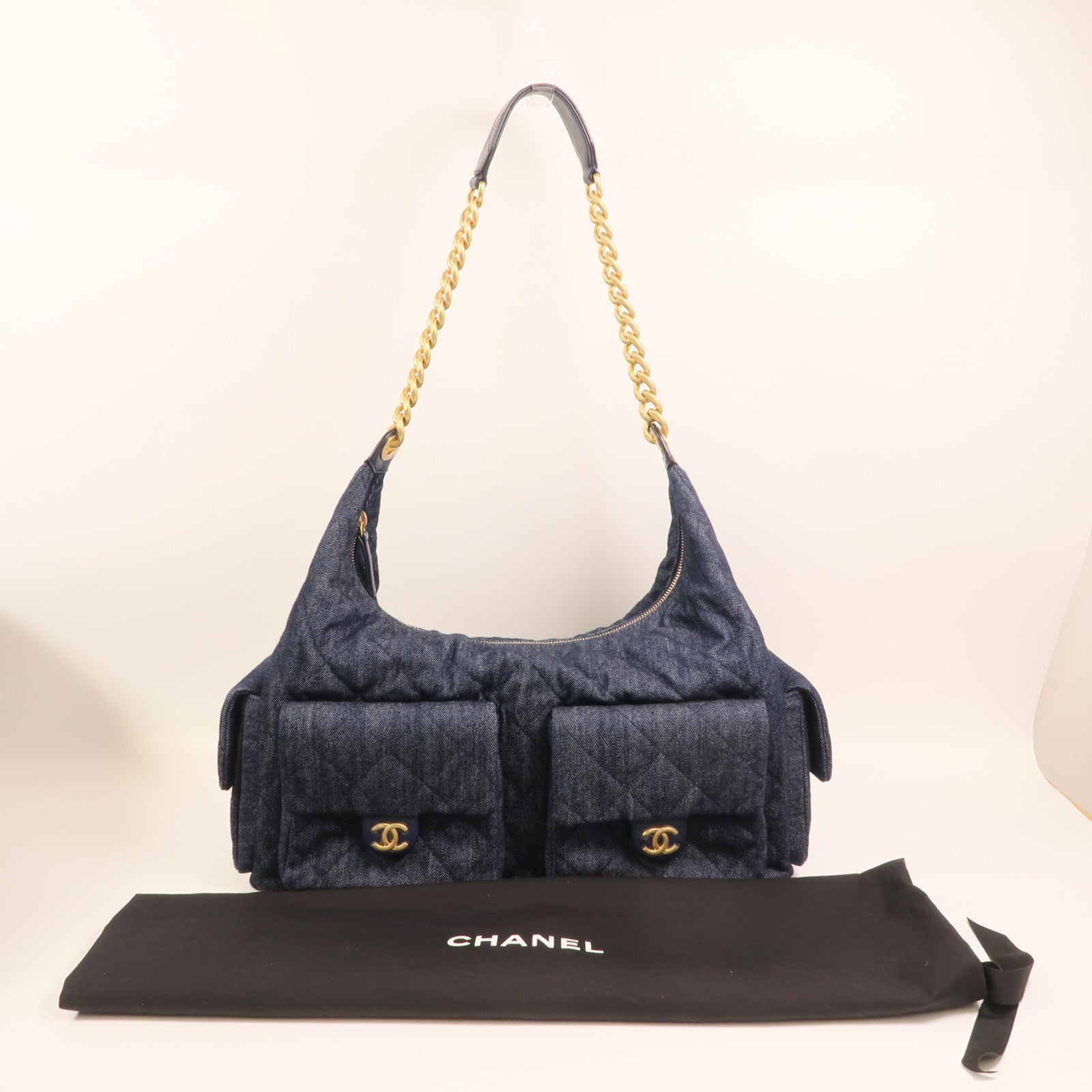 CHANEL 牛仔布C25 Hobo金扣鏈帶肩背袋