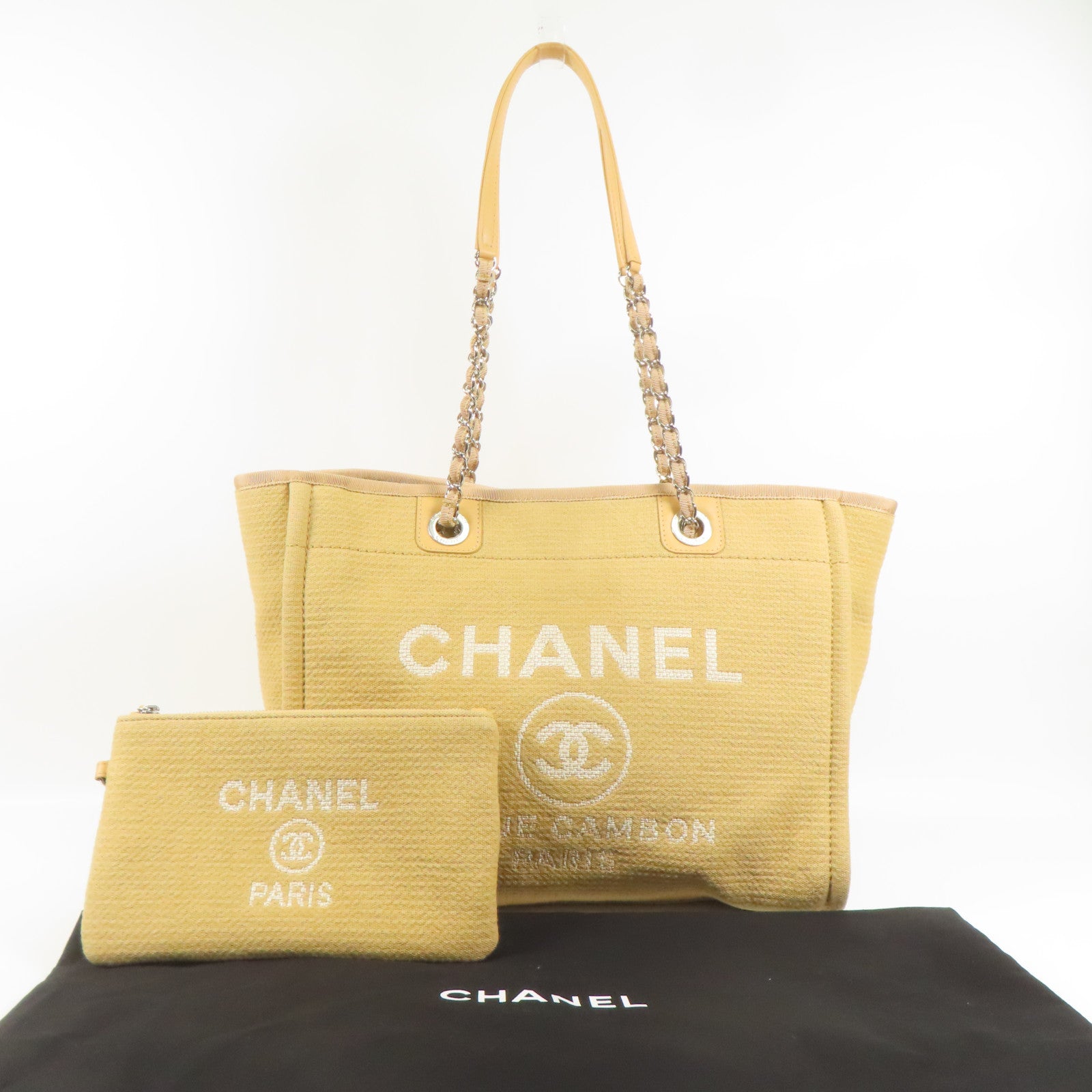 CHANEL 帆布Deauville銀扣鏈帶肩背袋