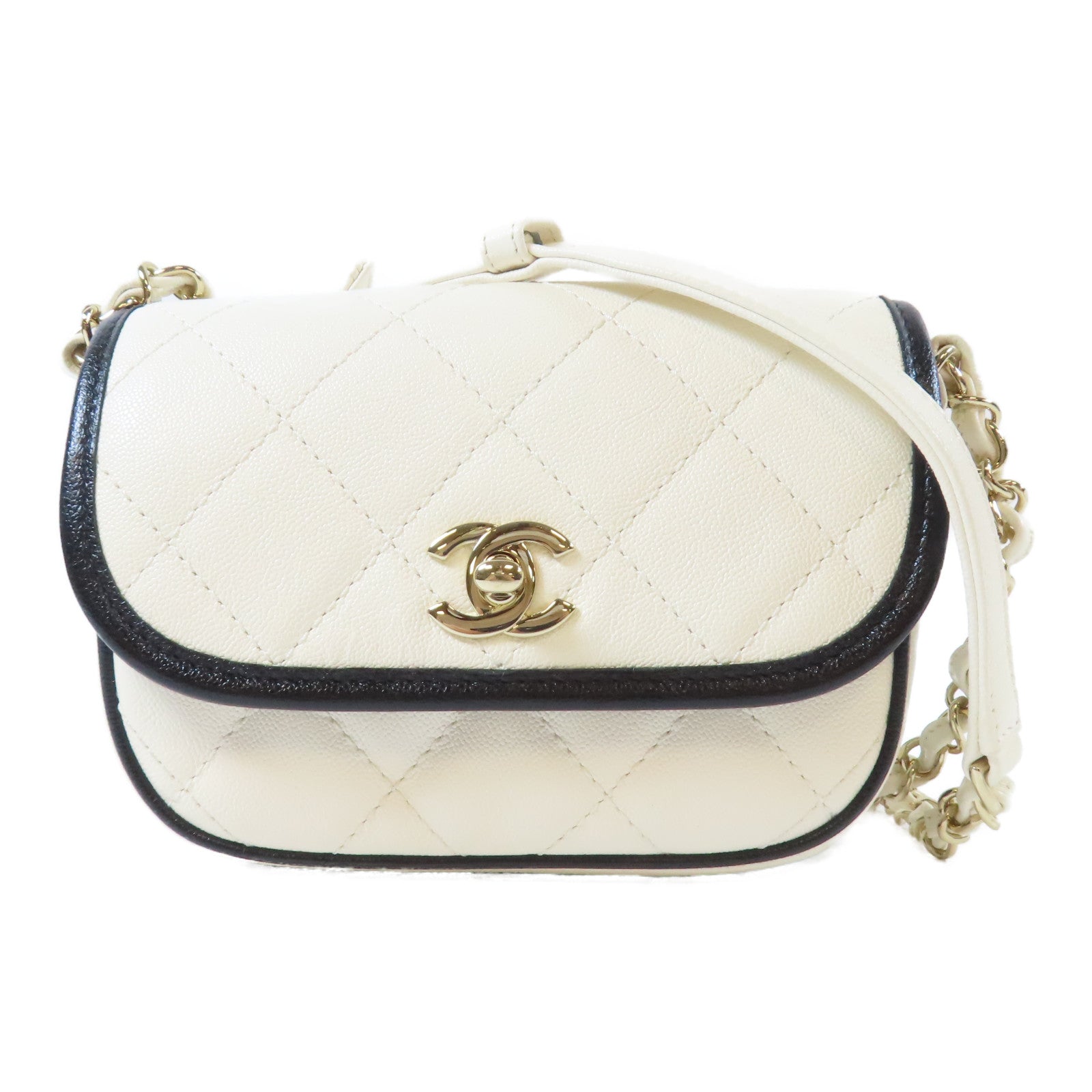 CHANEL 菱格牛皮皮革Mini Bag金扣肩背袋黑色/白色