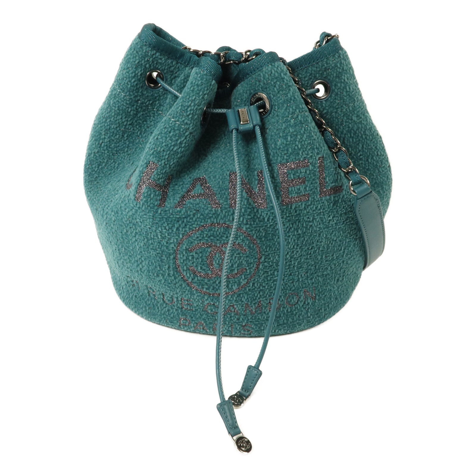 CHANEL 絨布Deauville Drawstring Bucket鏈帶肩背袋