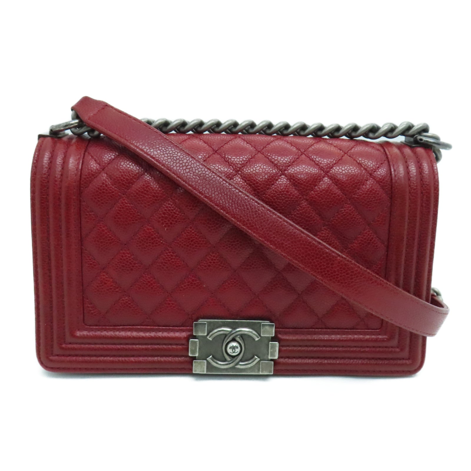CHANEL 【激減優惠】菱格Caviar皮革Chain Shoulder鏈帶肩背袋銀扣紅色