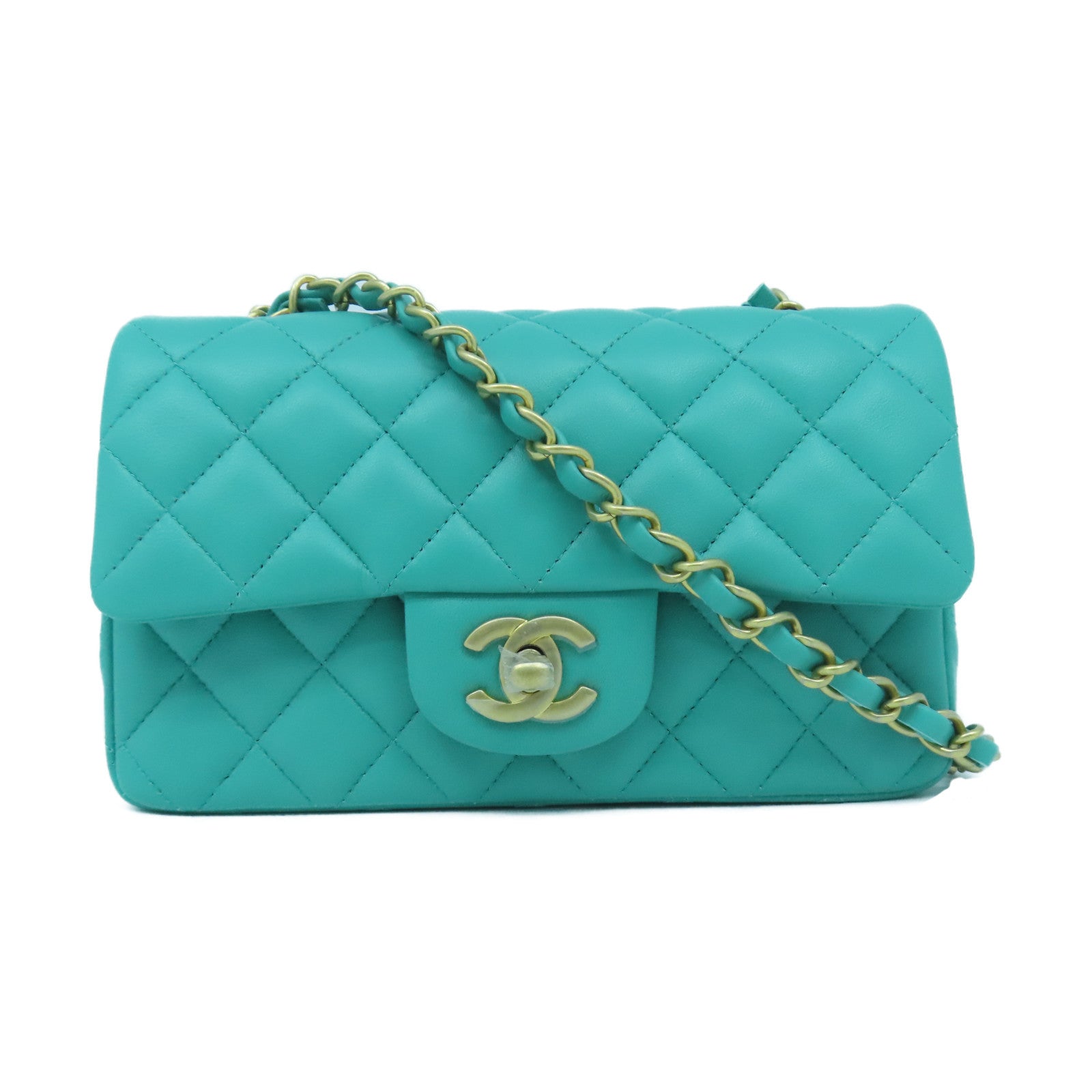 CHANEL 【激減優惠】菱格羊皮皮革Mini 20cm金扣鏈帶肩背袋綠色