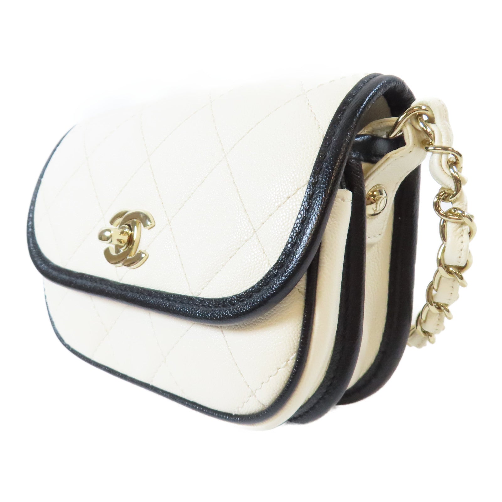 CHANEL 菱格牛皮皮革Mini Bag金扣肩背袋黑色/白色
