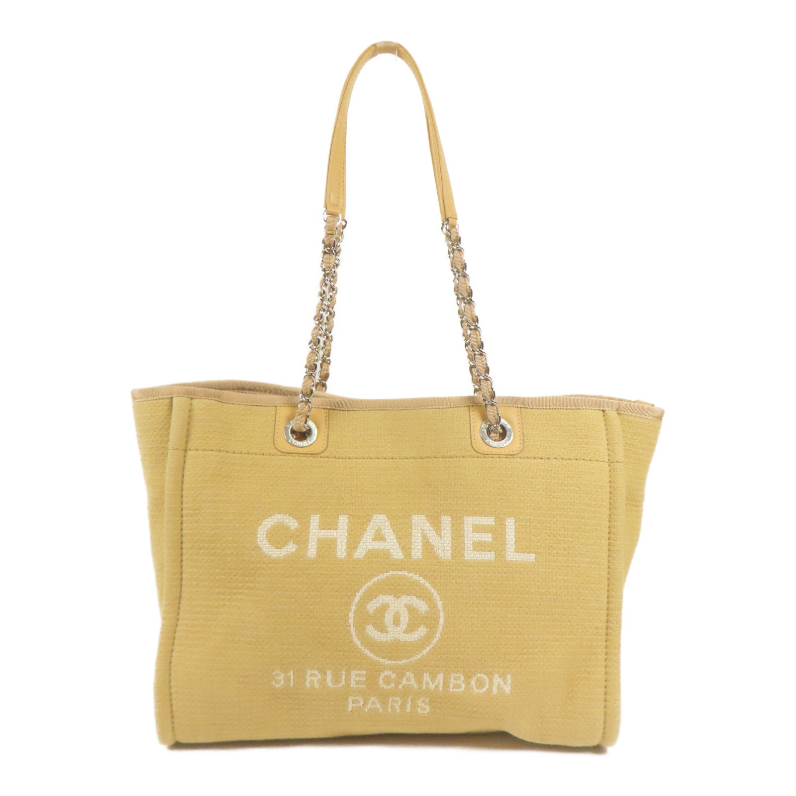 CHANEL 帆布Deauville銀扣鏈帶肩背袋