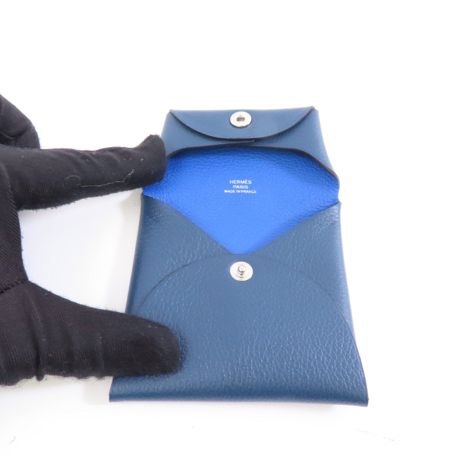 HERMES Chevre皮革Bastia銀扣零錢包Bleu de Prusse深藍近黑/Bleu Zanzibar藍色