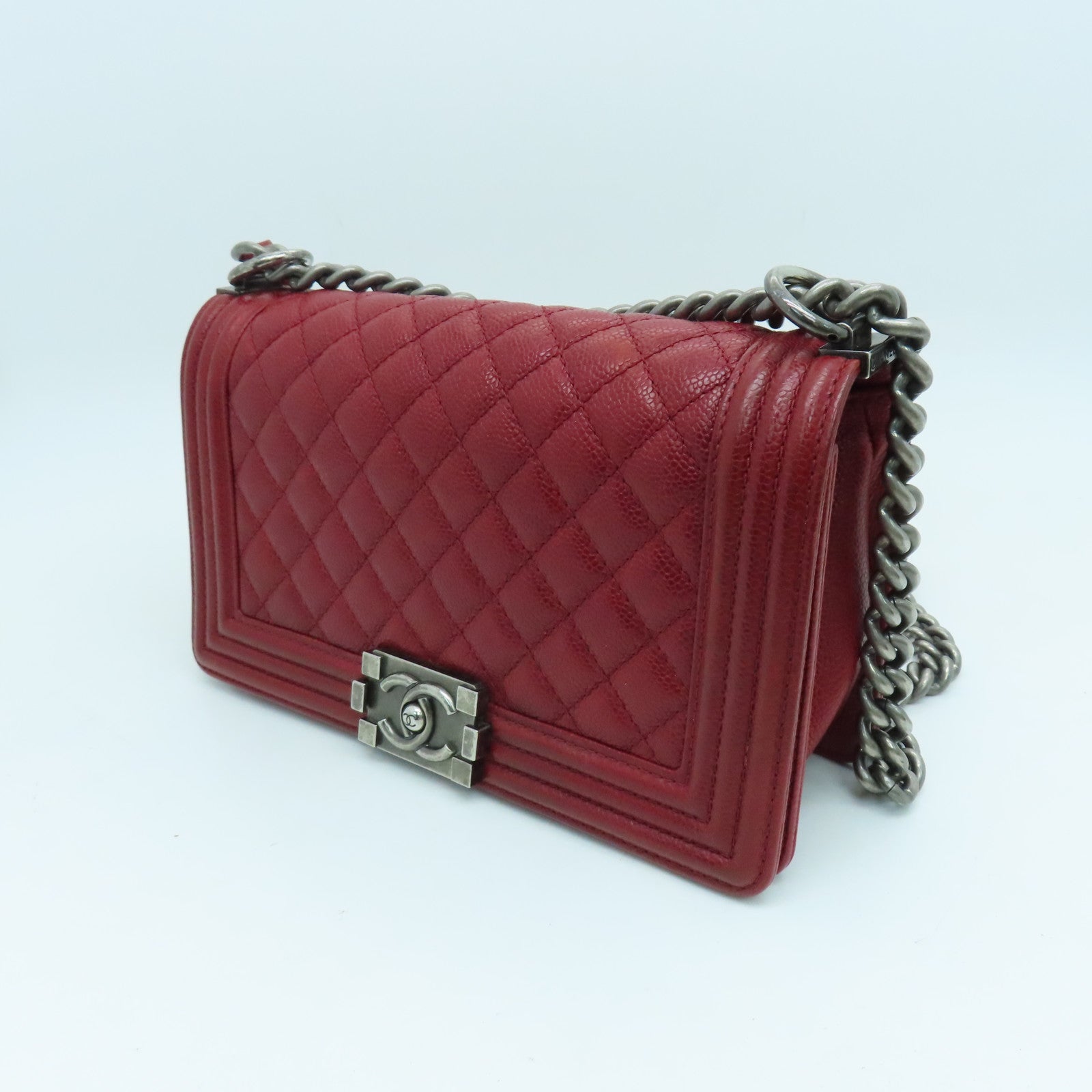 CHANEL 【激減優惠】菱格Caviar皮革Chain Shoulder鏈帶肩背袋銀扣紅色