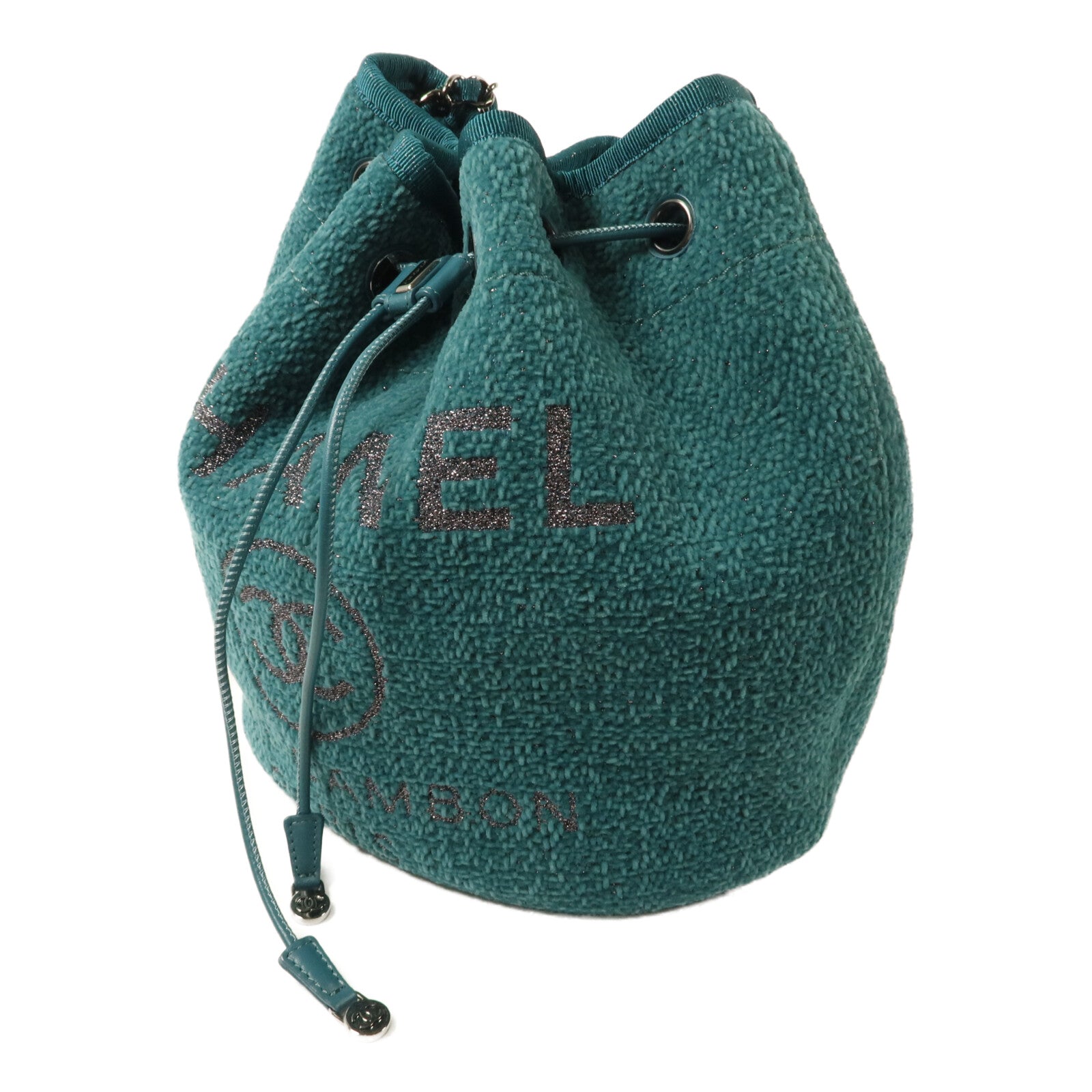 CHANEL 絨布Deauville Drawstring Bucket鏈帶肩背袋