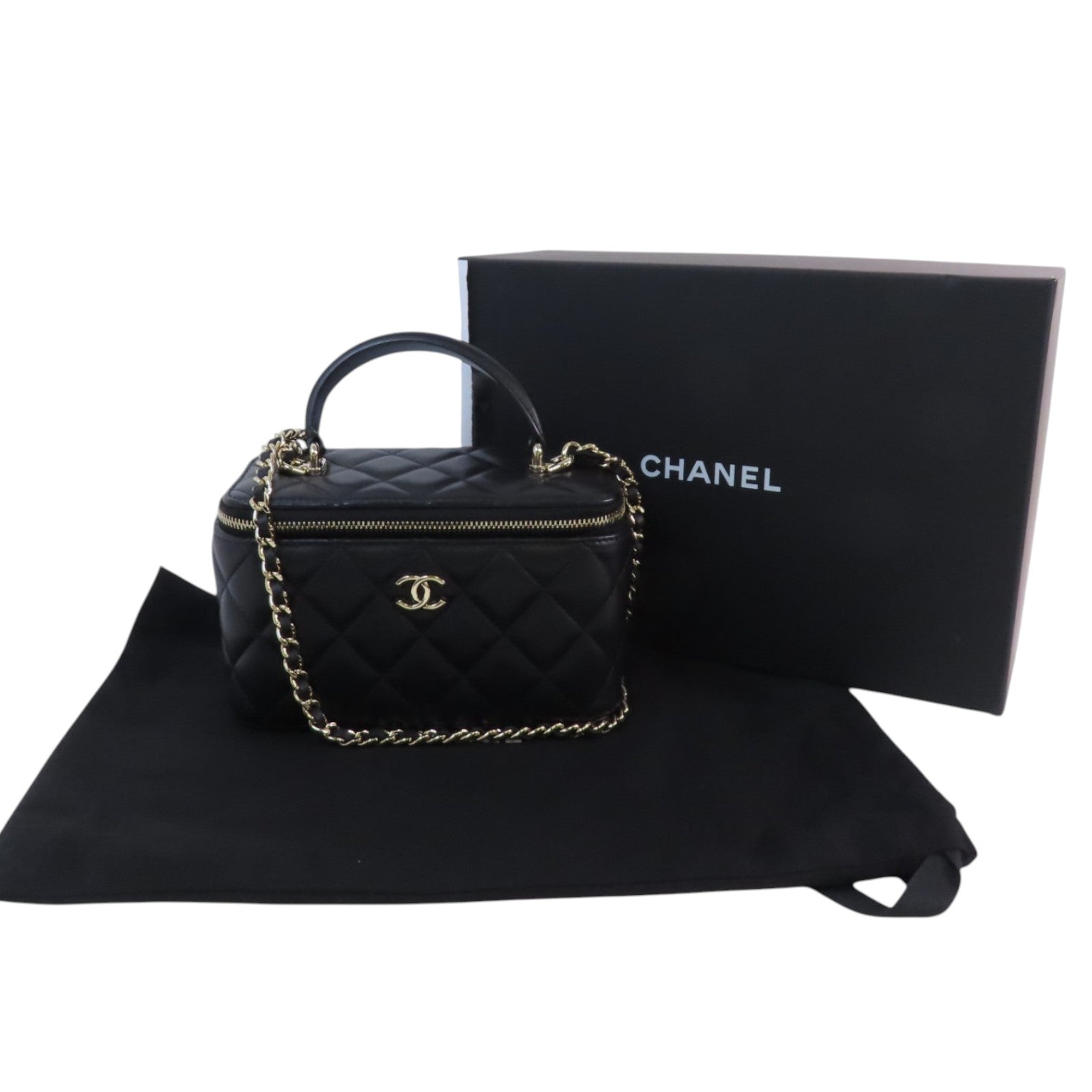CHANEL 羊皮皮革Vanity Case金扣鏈帶手挽肩背兩用袋