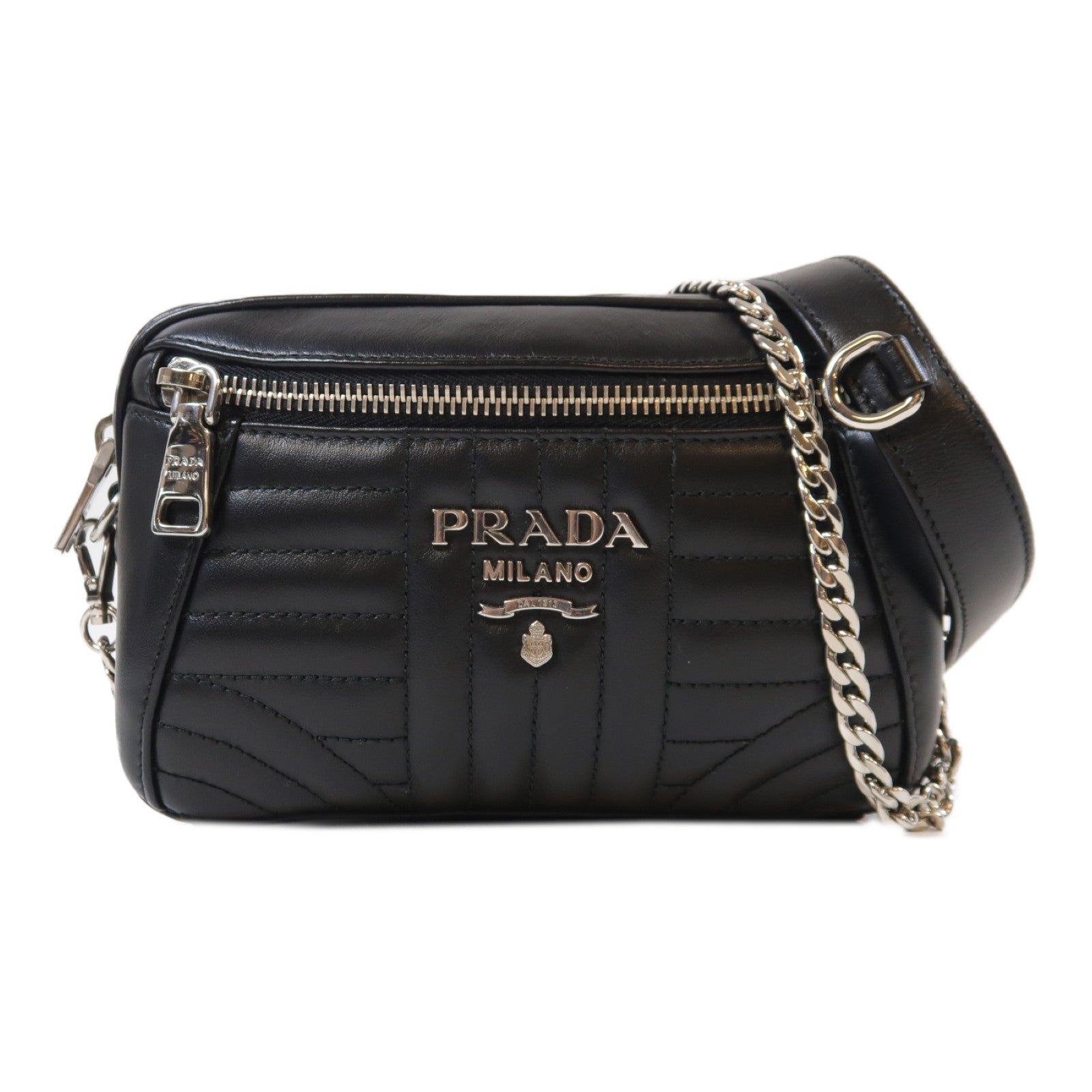 PRADA 牛皮皮革Shoulder Bag銀扣鏈帶肩背袋黑色
