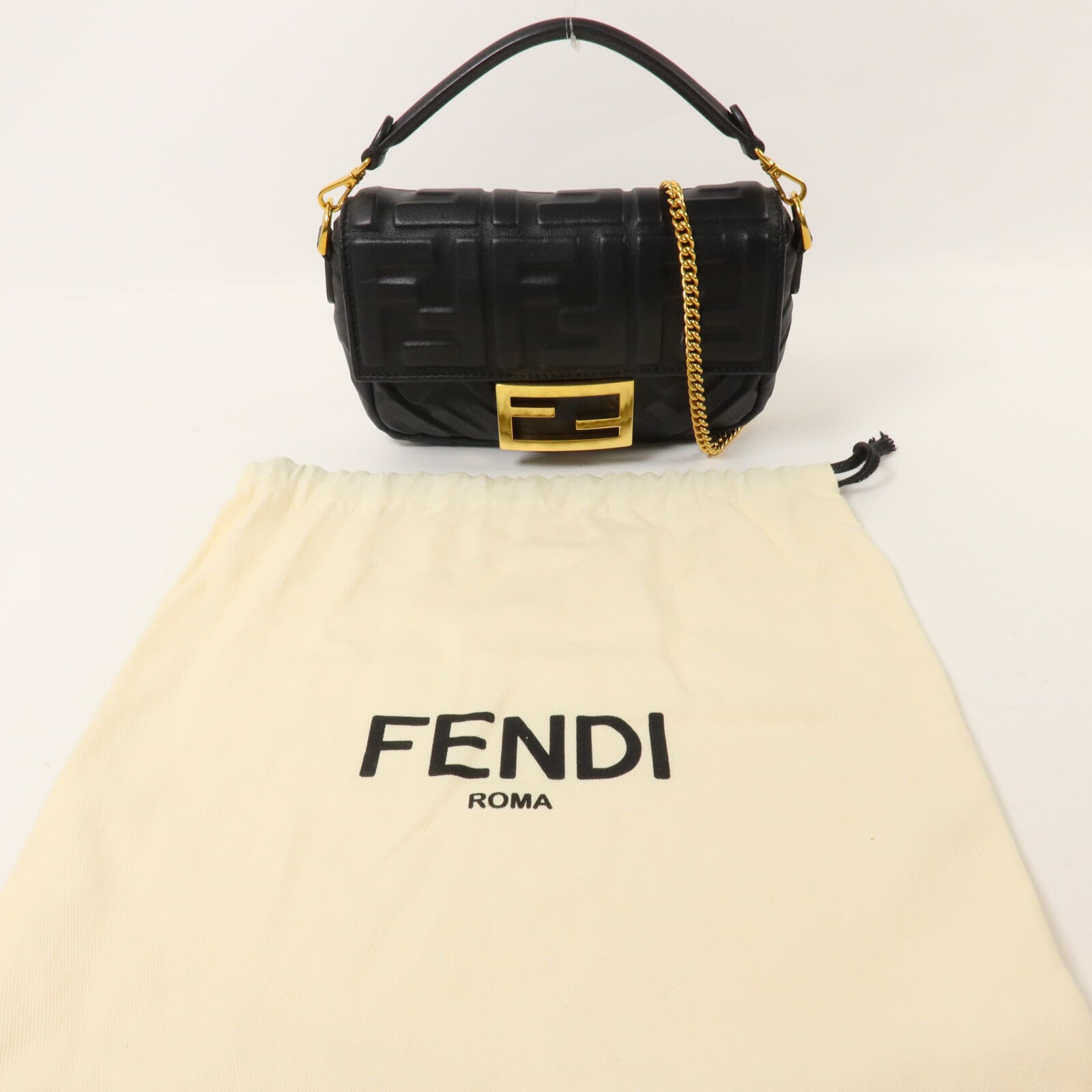 FENDI 牛皮皮革Baguette Mini鏈帶手挽肩背兩用袋