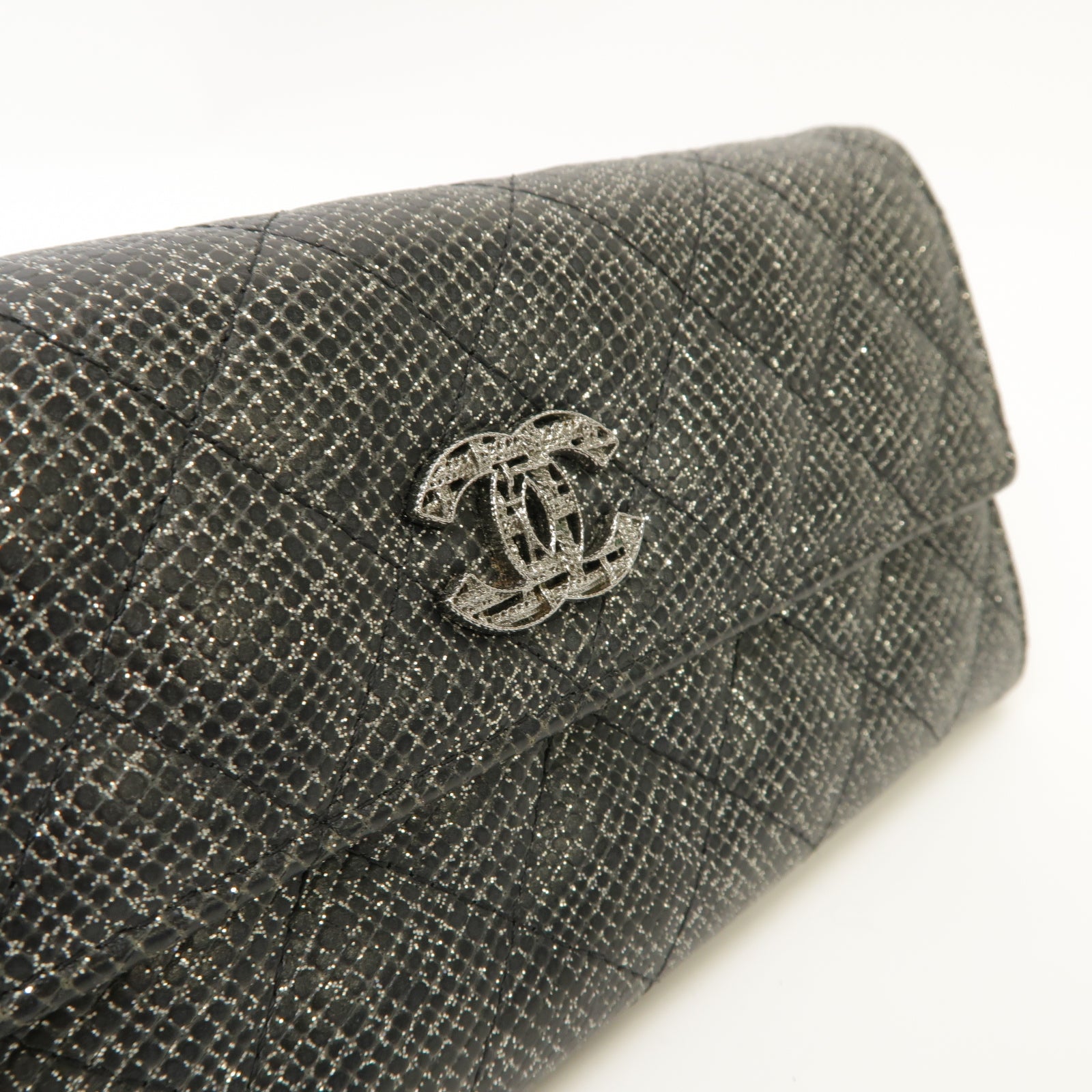 CHANEL 【激減優惠】菱格帆布Long Wallet銀扣長錢包銀色