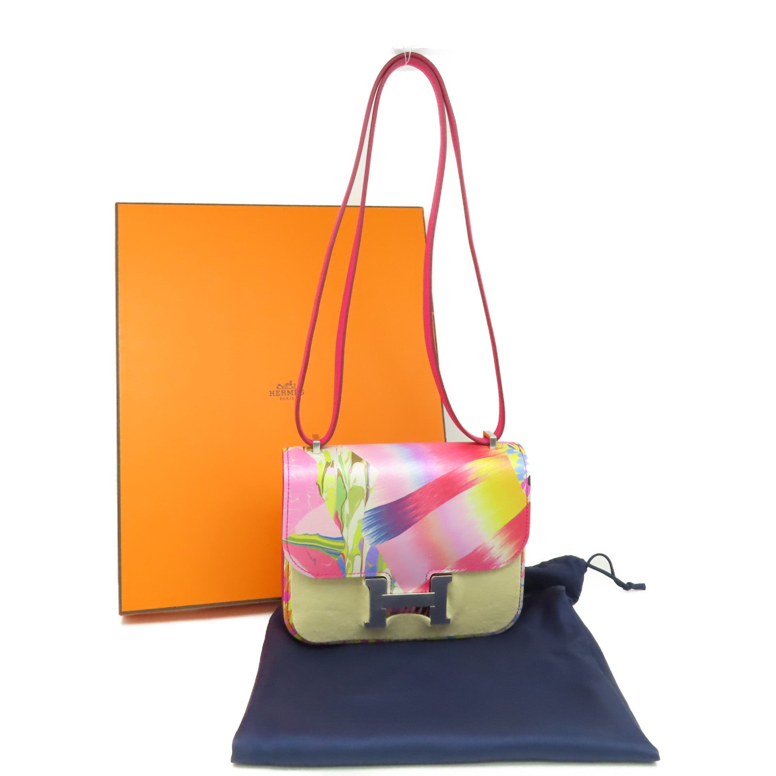 HERMES **【清倉大減價】絲質/Swift皮革Mini Constance Marble Silk Shoulder Bag銀扣肩背袋墨西哥玫瑰粉