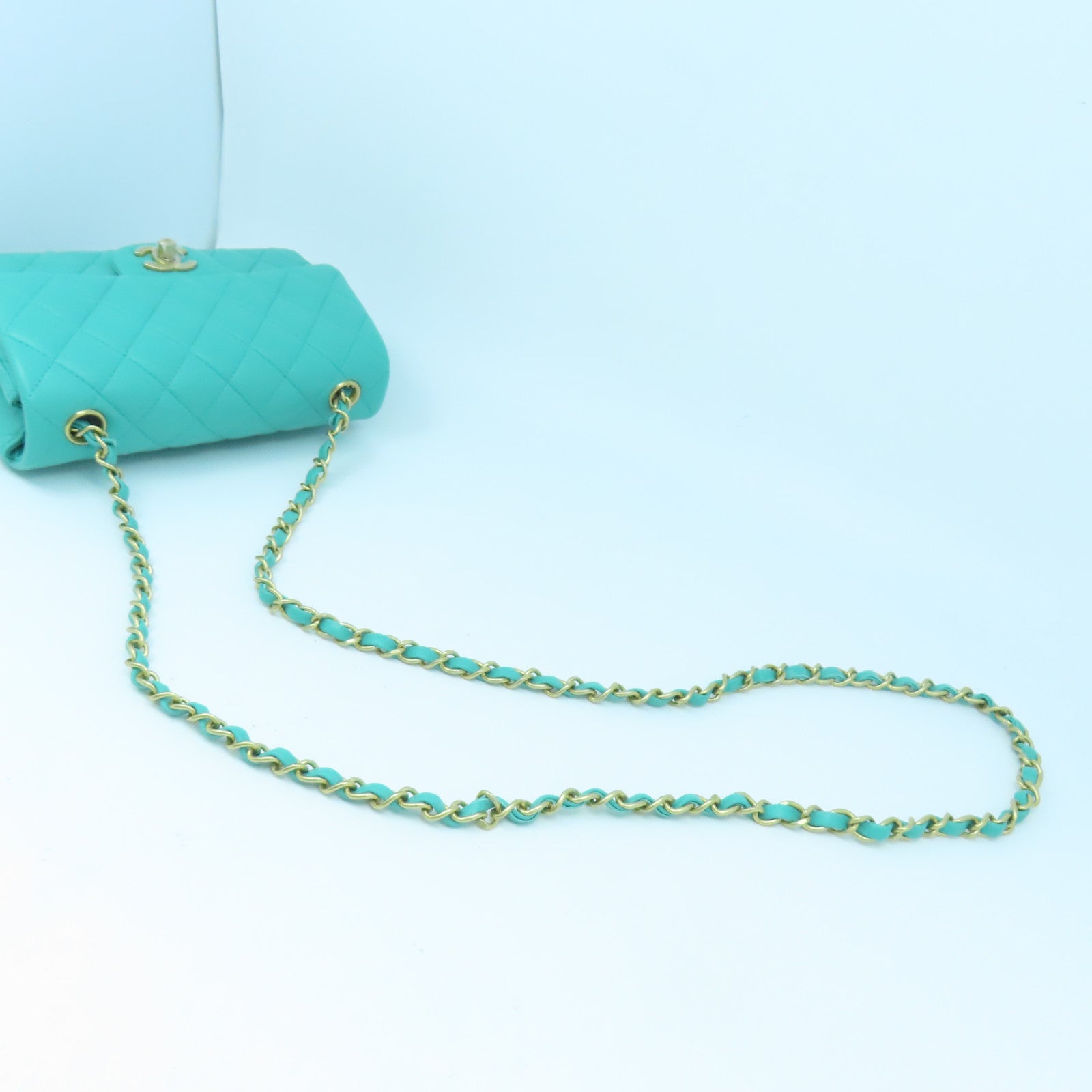 CHANEL 【激減優惠】菱格羊皮皮革Mini 20cm金扣鏈帶肩背袋綠色