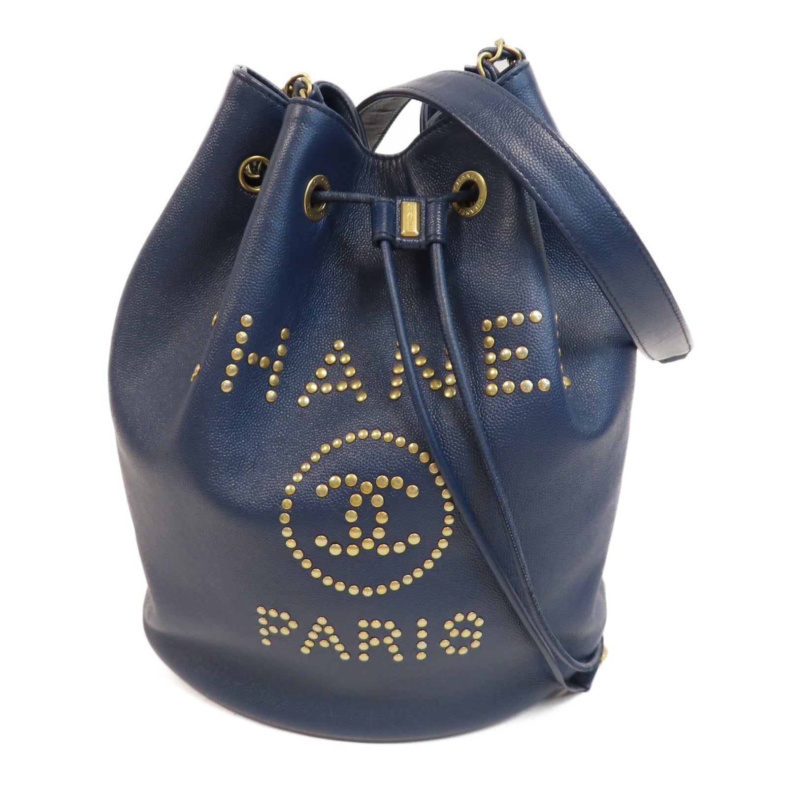 CHANEL Caviar皮革Bucket Bag金扣鏈帶肩背袋藍色