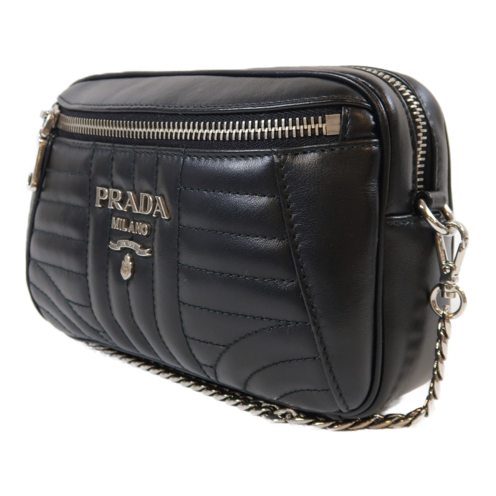 PRADA 牛皮皮革Shoulder Bag銀扣鏈帶肩背袋黑色