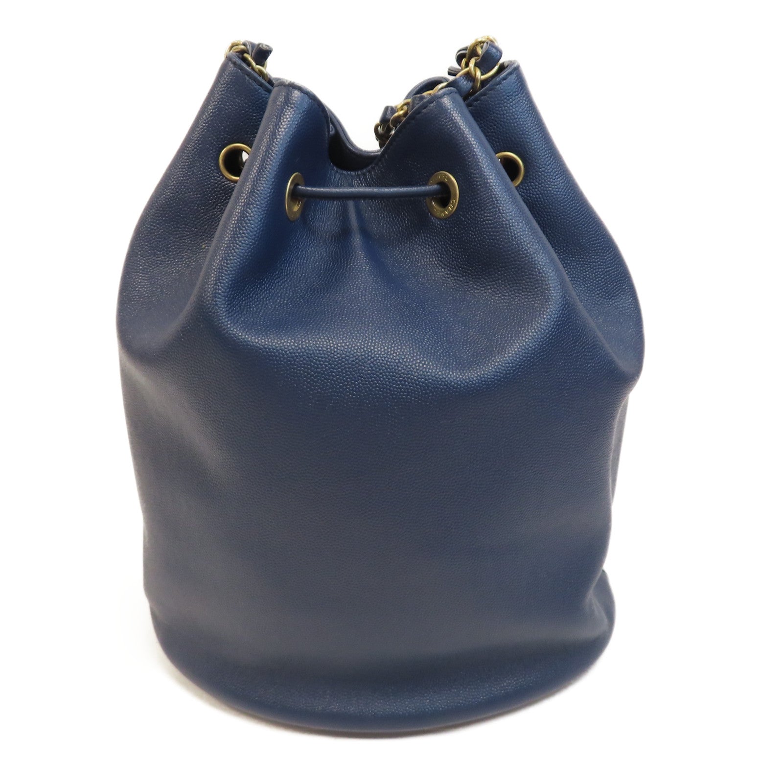 CHANEL Caviar皮革Bucket Bag金扣鏈帶肩背袋藍色
