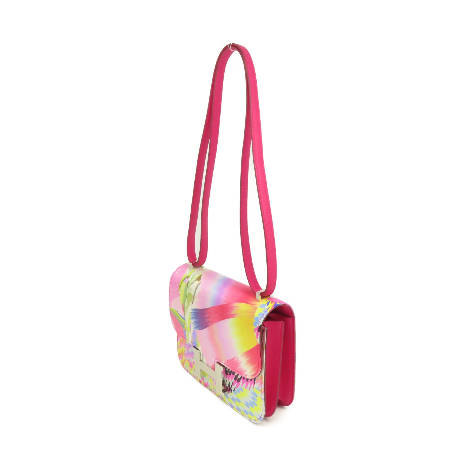 HERMES **【清倉大減價】絲質/Swift皮革Mini Constance Marble Silk Shoulder Bag銀扣肩背袋墨西哥玫瑰粉