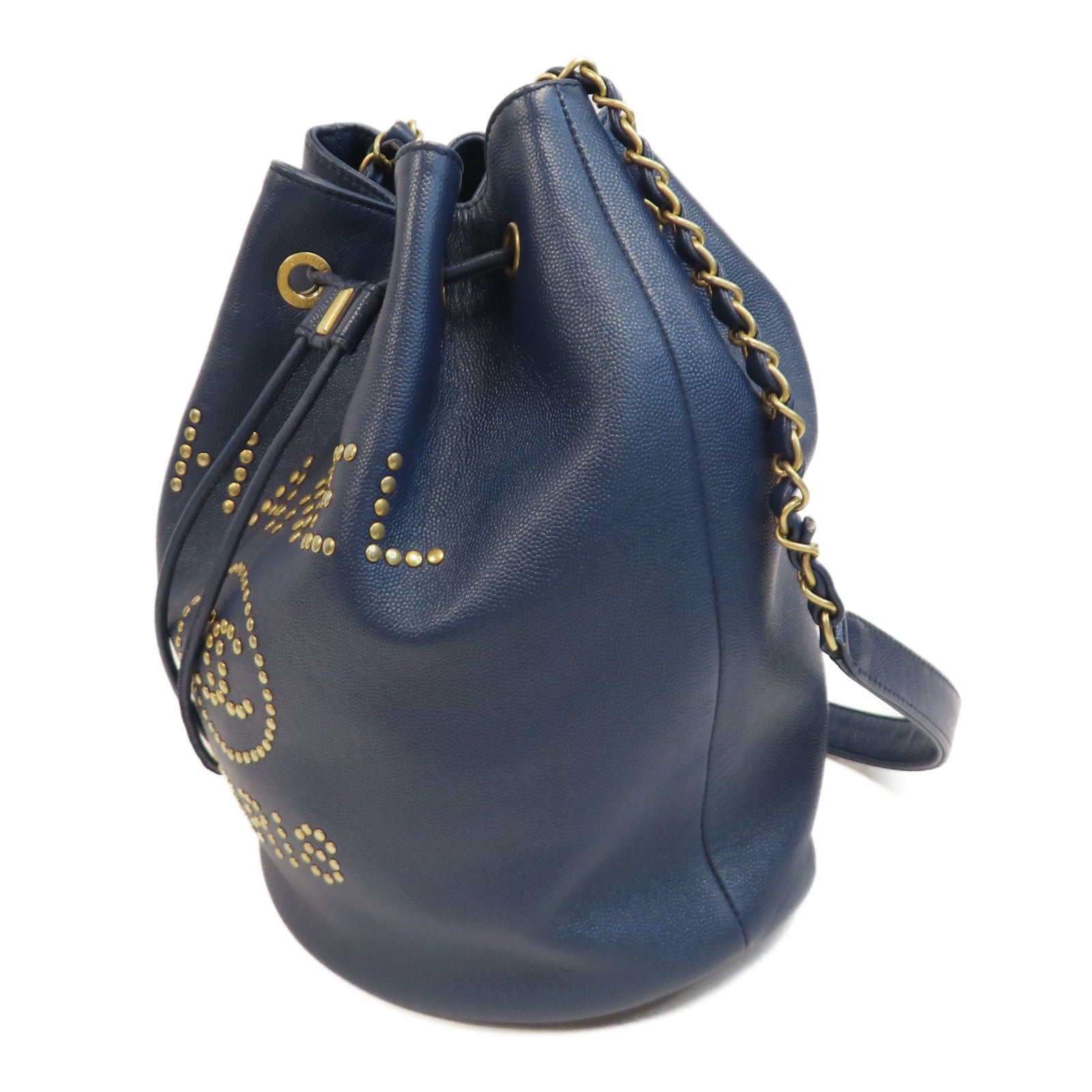 CHANEL Caviar皮革Bucket Bag金扣鏈帶肩背袋藍色
