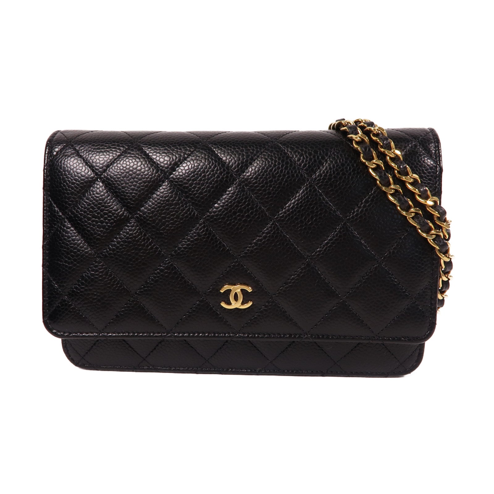 CHANEL 菱格Caviar皮革Wallet On Chain金扣鏈帶肩背袋黑色