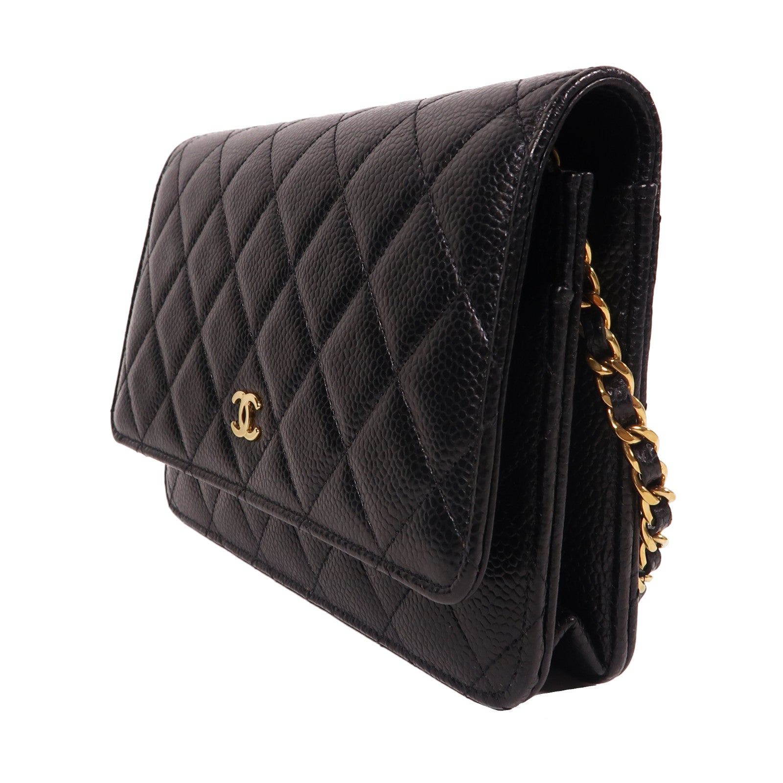 CHANEL 菱格Caviar皮革Wallet On Chain金扣鏈帶肩背袋黑色