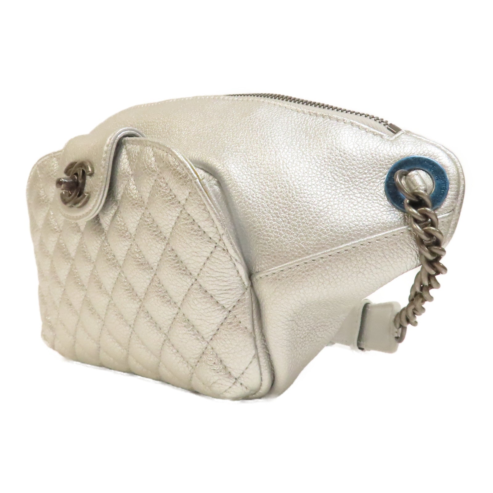 CHANEL 菱格牛皮皮革Waist Bag銀扣腰包銀色