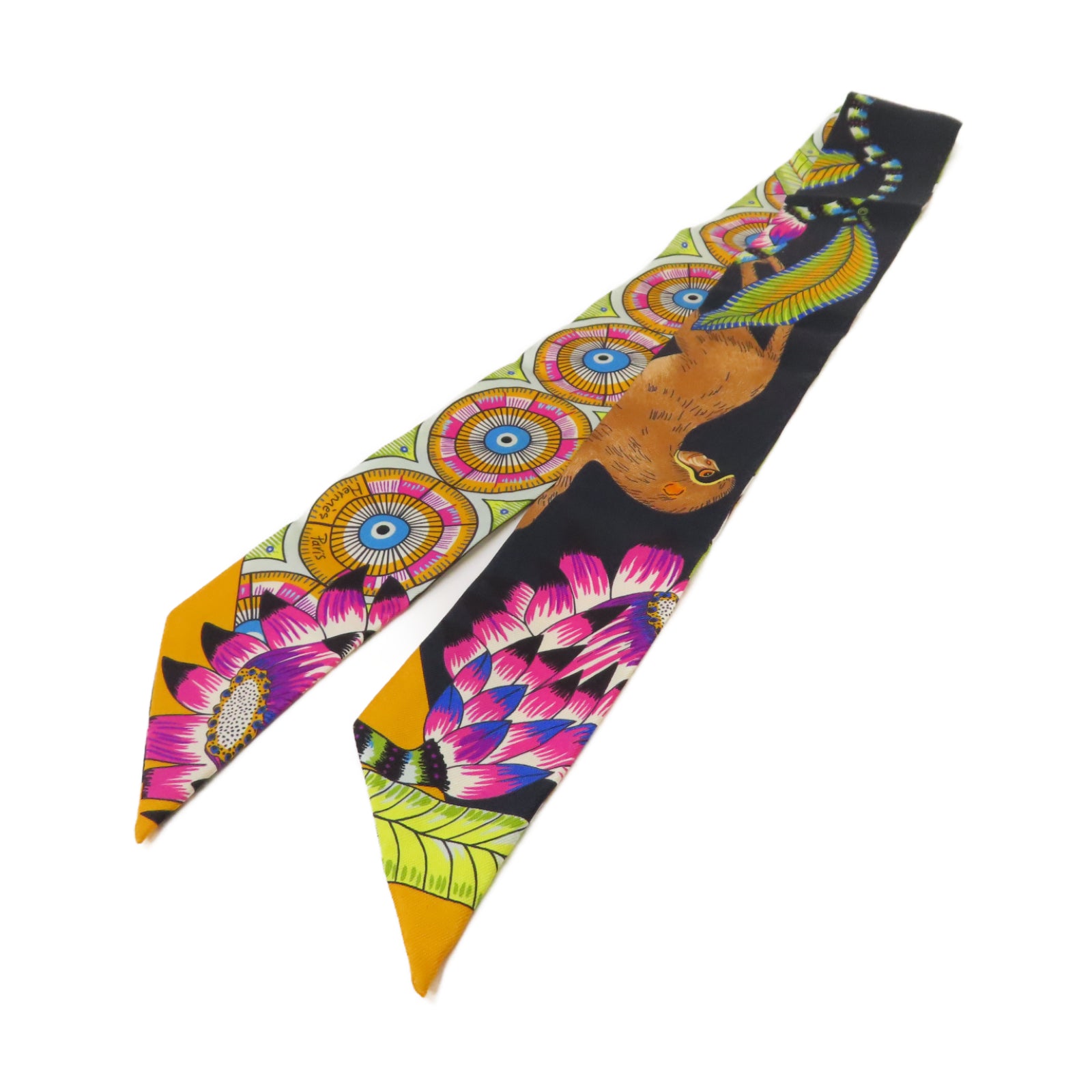 HERMES 絲質Twilly絲巾黑色/彩色
