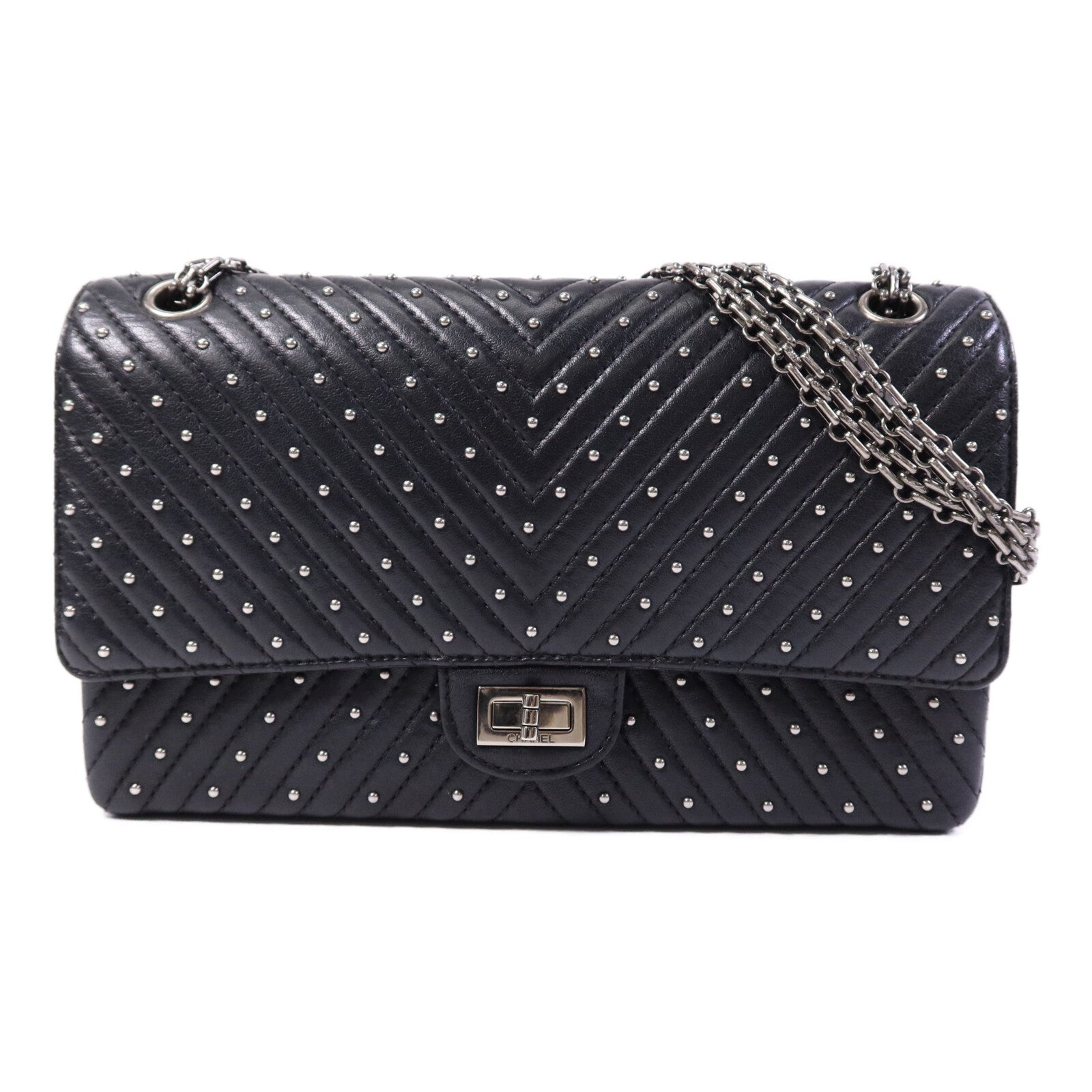 CHANEL 牛皮皮革2.55 Large銀扣鏈帶肩背袋