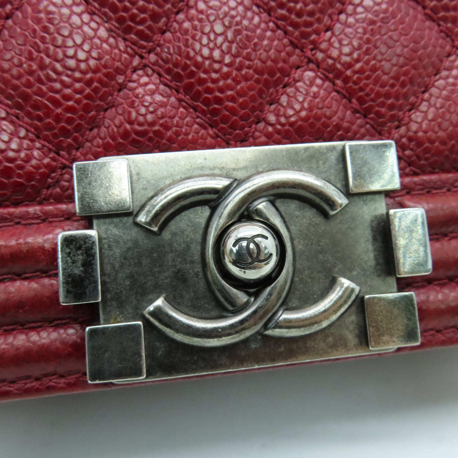 CHANEL 【激減優惠】菱格Caviar皮革Chain Shoulder鏈帶肩背袋銀扣紅色