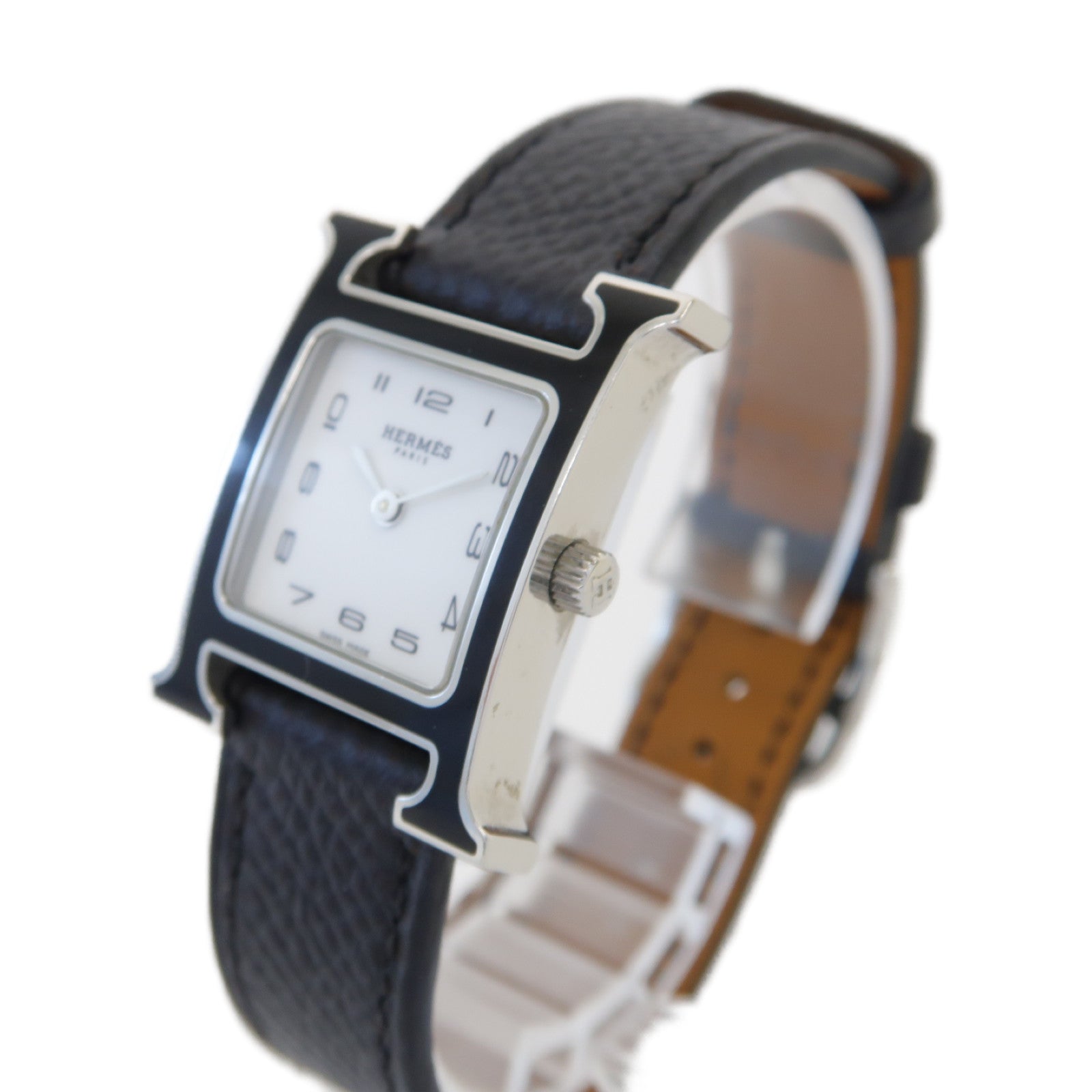 HERMES Heure H Watch 21mm不鏽鋼/Epsom皮革手錶石英機芯白色