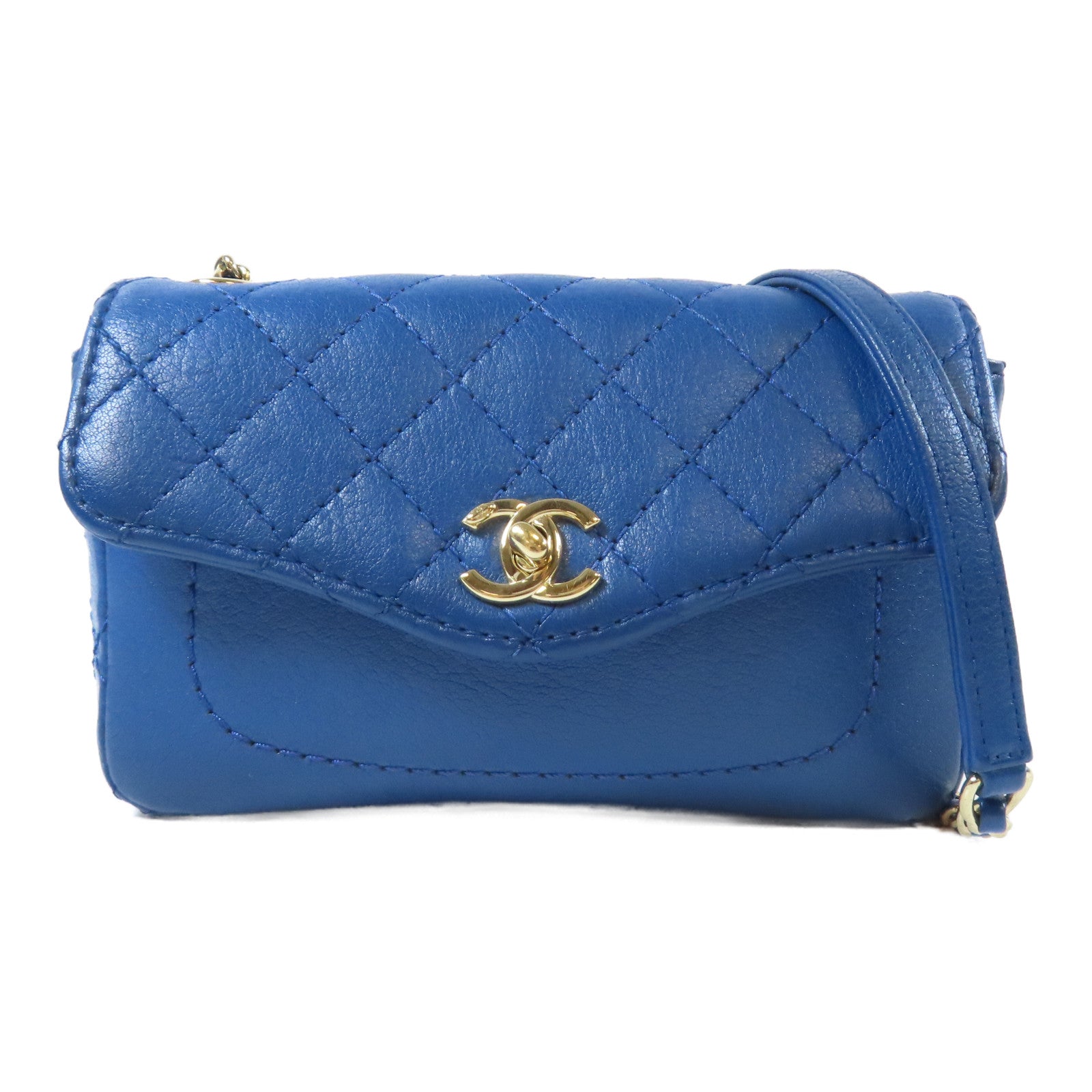 CHANEL 菱格Caviar皮革Mini Chain Bag金扣肩背袋藍色