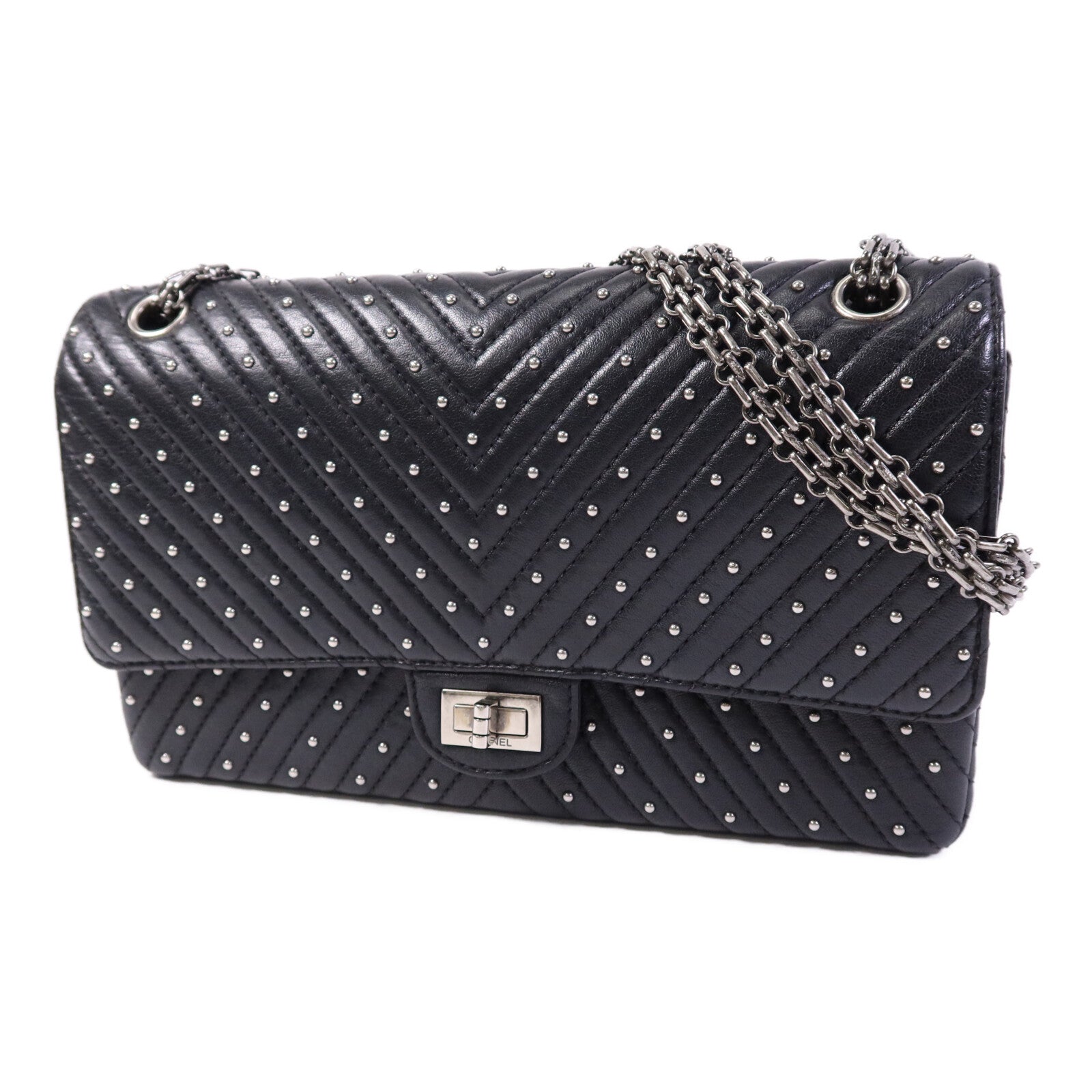 CHANEL 牛皮皮革2.55 Large銀扣鏈帶肩背袋